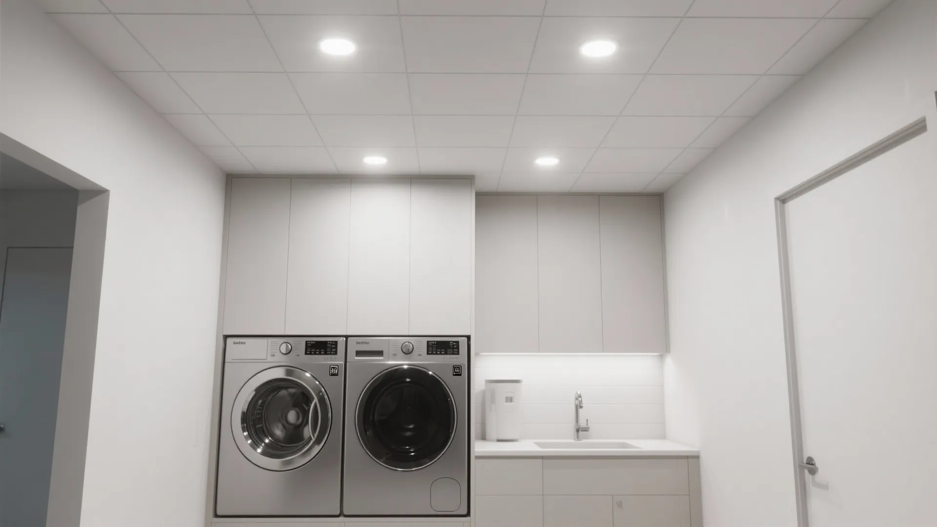 Clean white laundry room with silver washer dryer set grey cabinets and bright ceiling lights