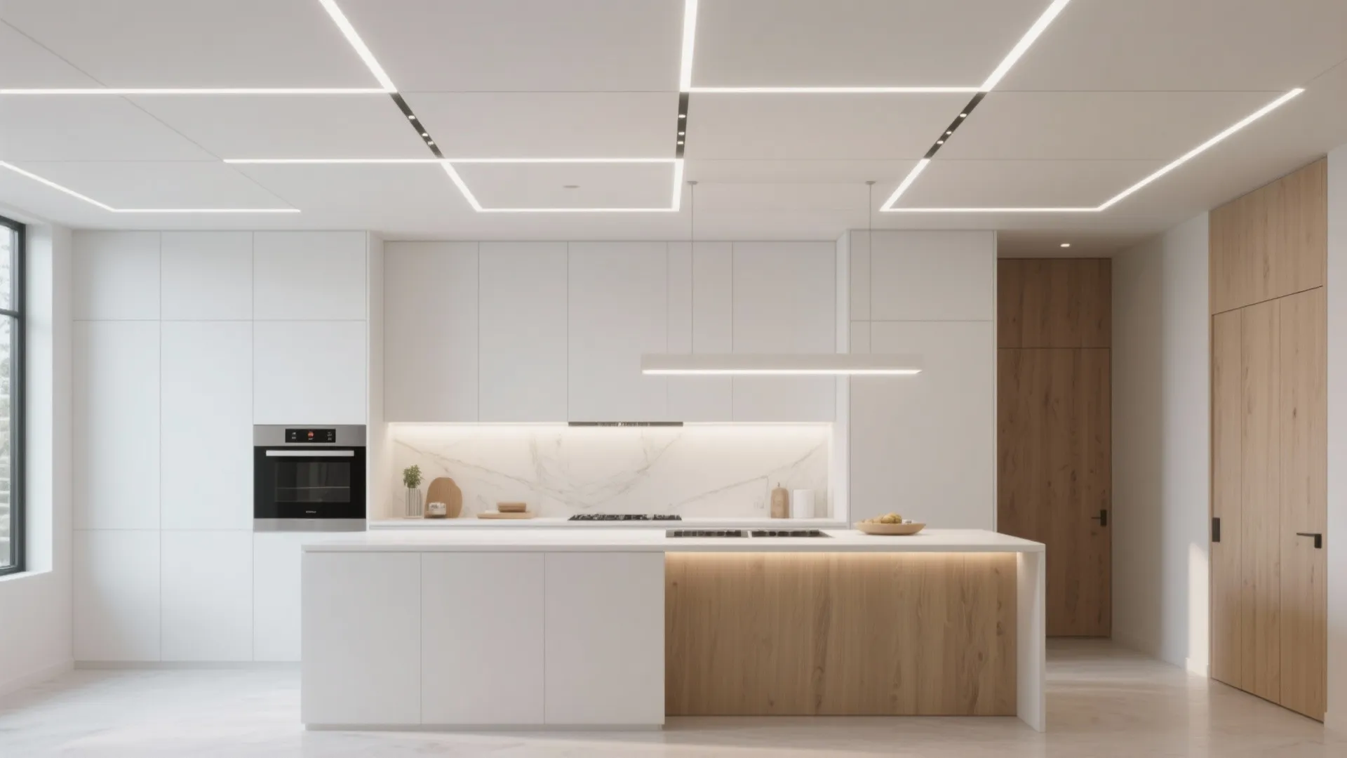 Minimalist white kitchen with square ceiling lights large island wood accents and modern built-in oven appliances