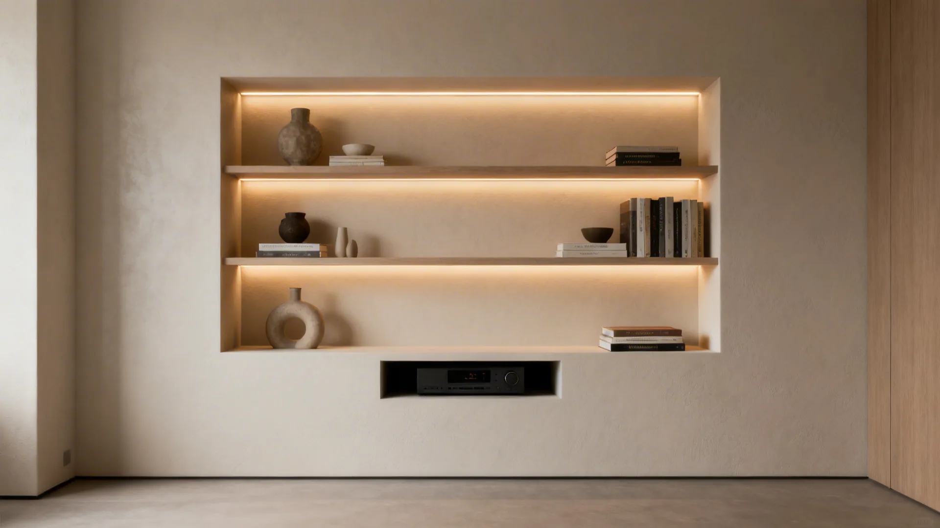 2. Built-in recessed shelves with LED strips