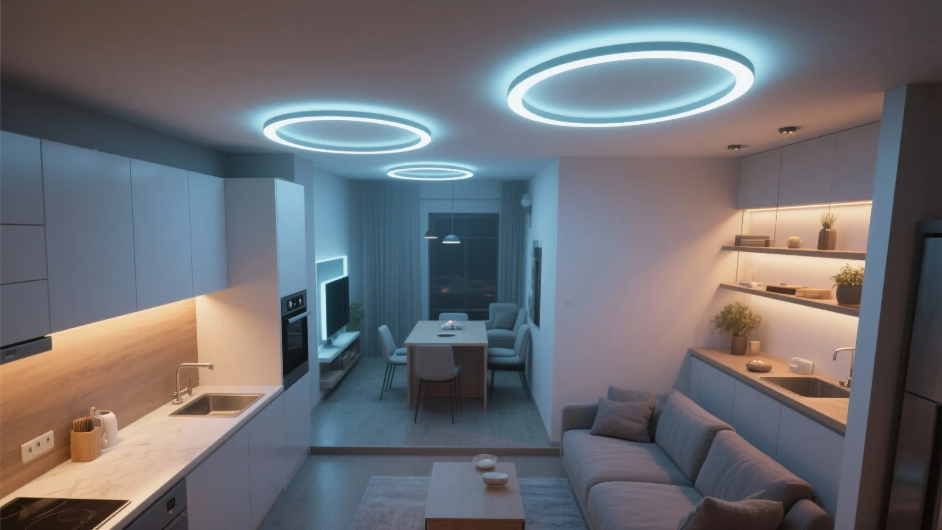 2. Recessed LED rings with dimmable zones