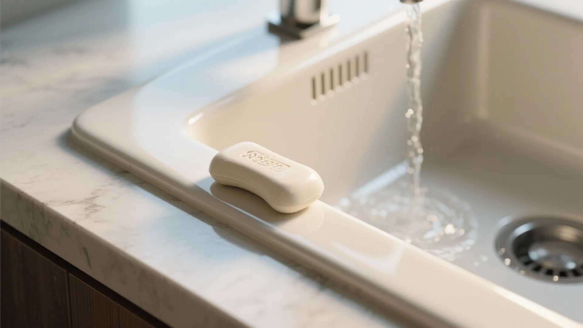 White bar soap resting on the edge of a clean kitchen sink with running water