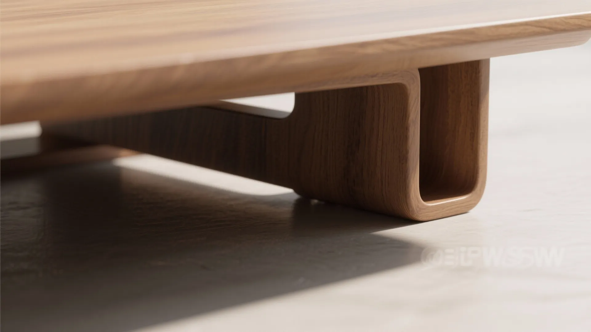 Low wooden table with unique recessed support legs showing a modern minimalist style and wood