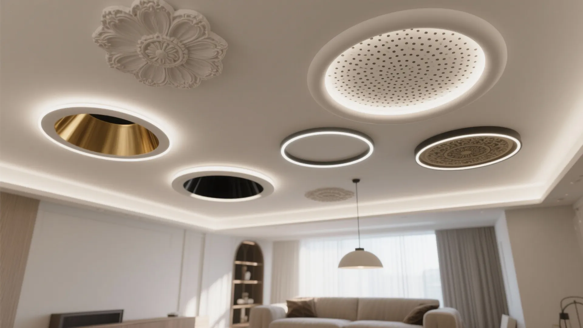 Modern white ceiling with several circular recessed light fixtures and decorative flower wall panel designs
