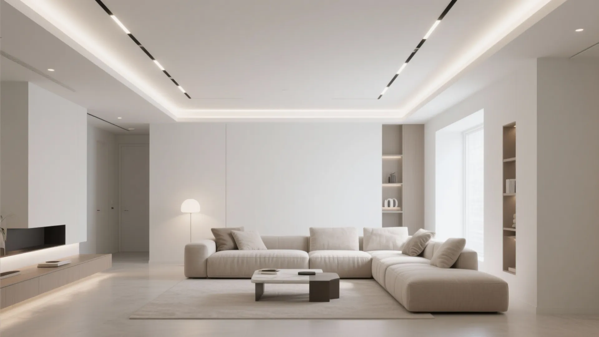 Minimalist white living room with large sectional sofa ceiling light strips and clean wall design