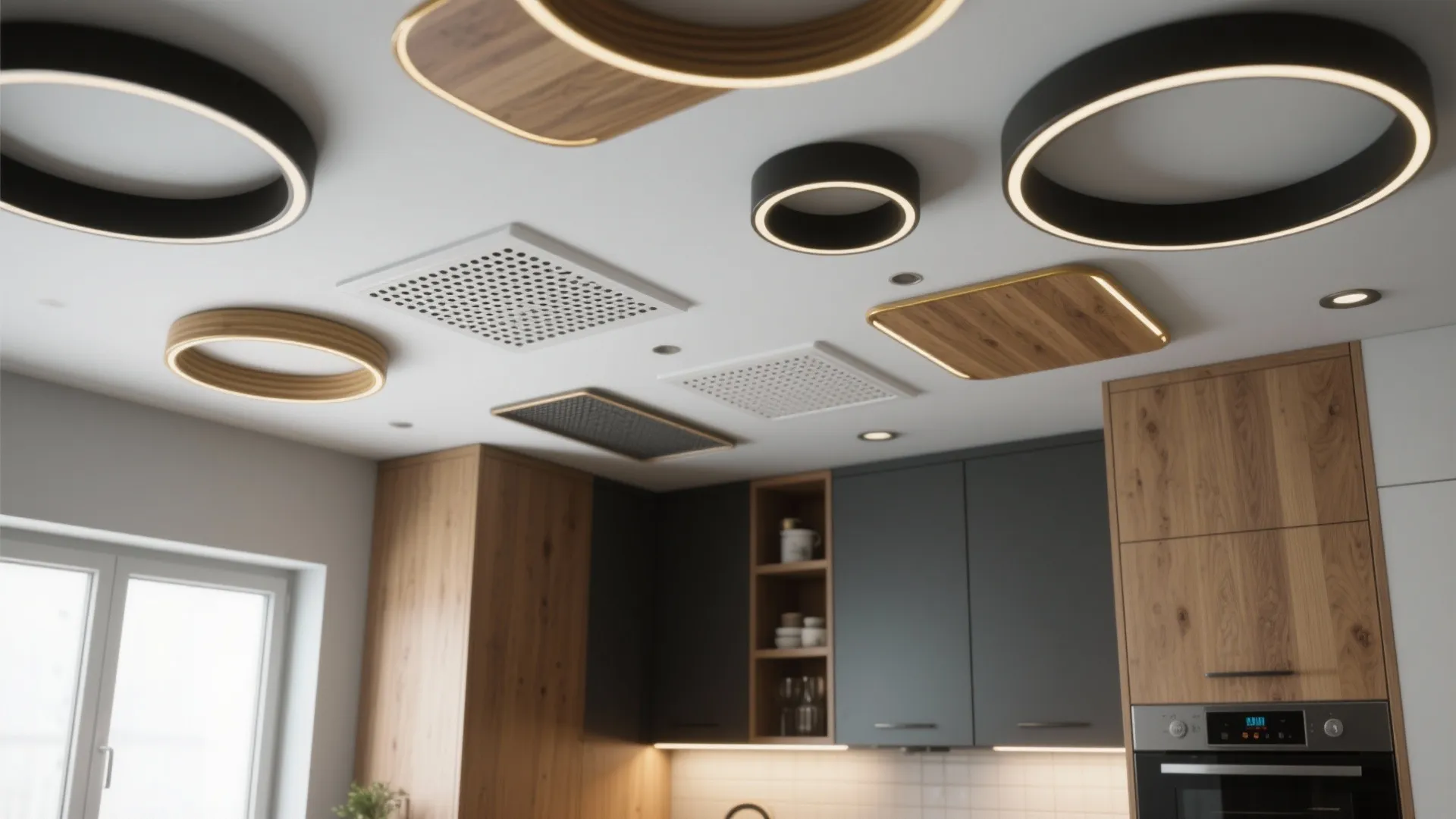 Modern kitchen with various round and square light fixture options installed on a white ceiling