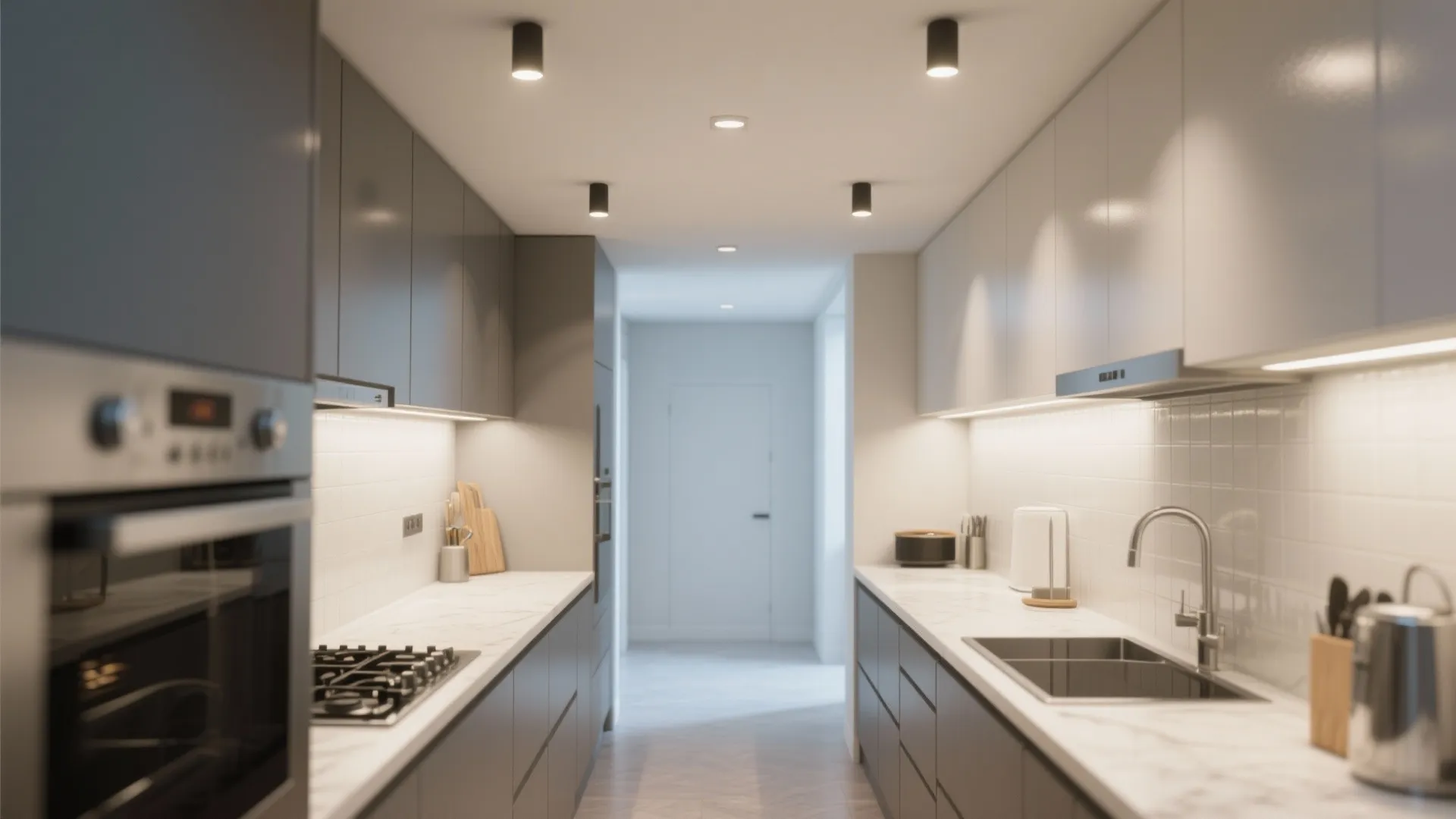 Modern galley kitchen with grey cabinets white marble countertops recessed ceiling lights and white door