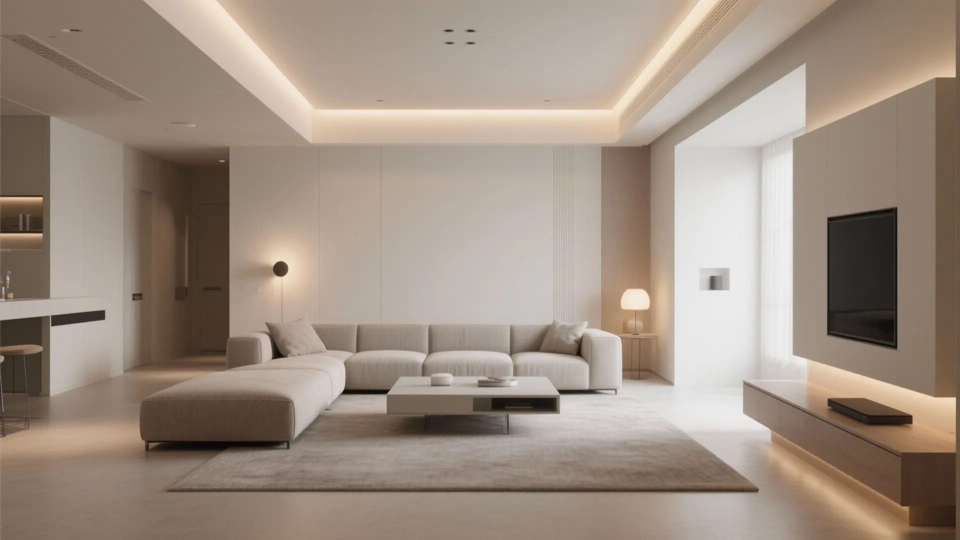 Minimalist white living room with hidden ceiling lights large cream sofa and wall mounted TV