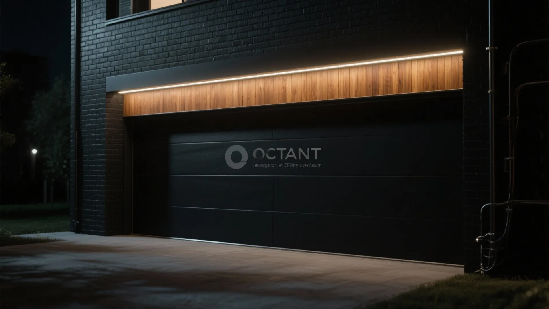 Black garage door at night with bright light strip under wood panel and brick wall exterior