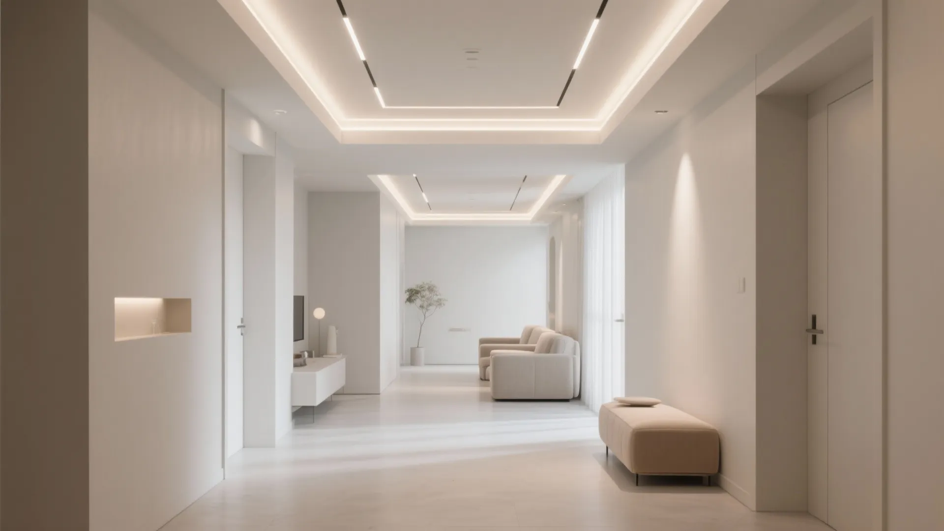 Minimalist white hallway design featuring recessed light fixtures in ceiling with sofa and small indoor plant