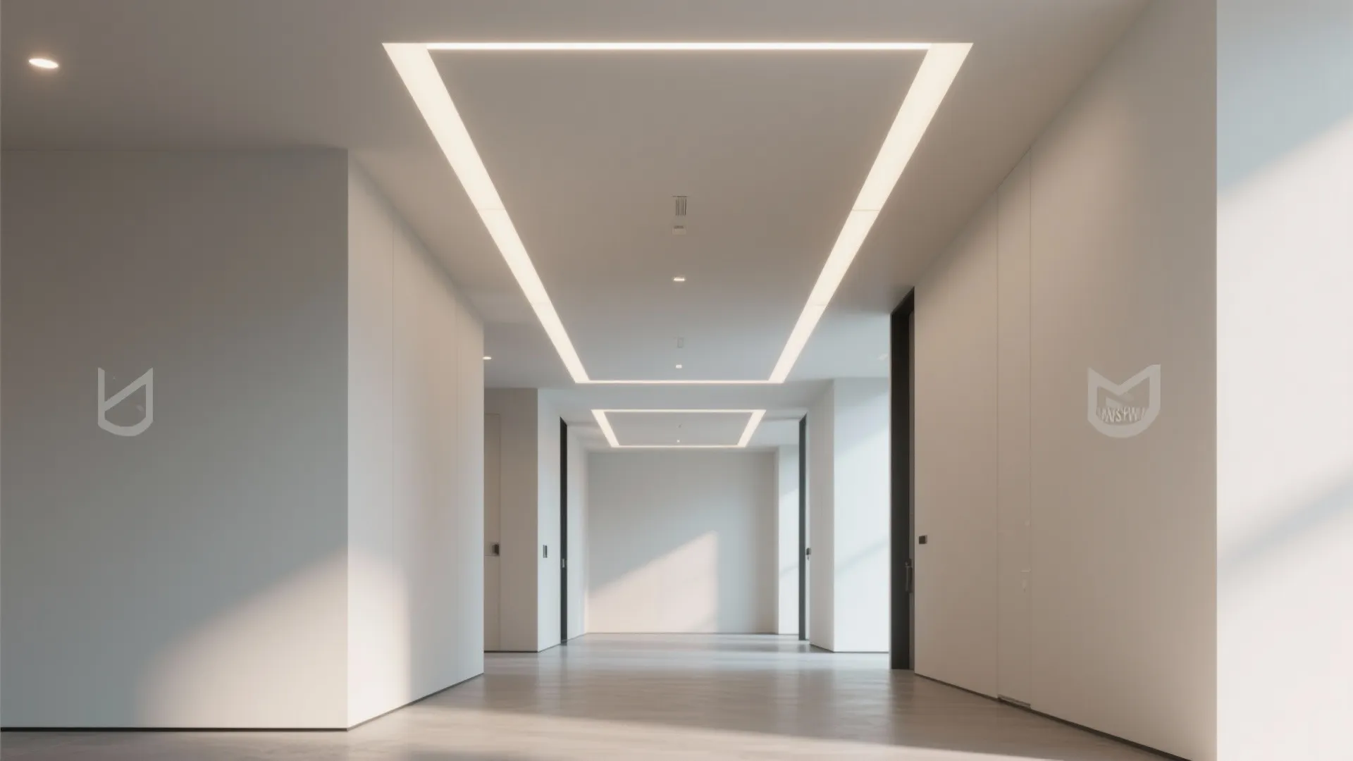Modern white hallway with bright rectangular light fixtures built into the ceiling and white walls