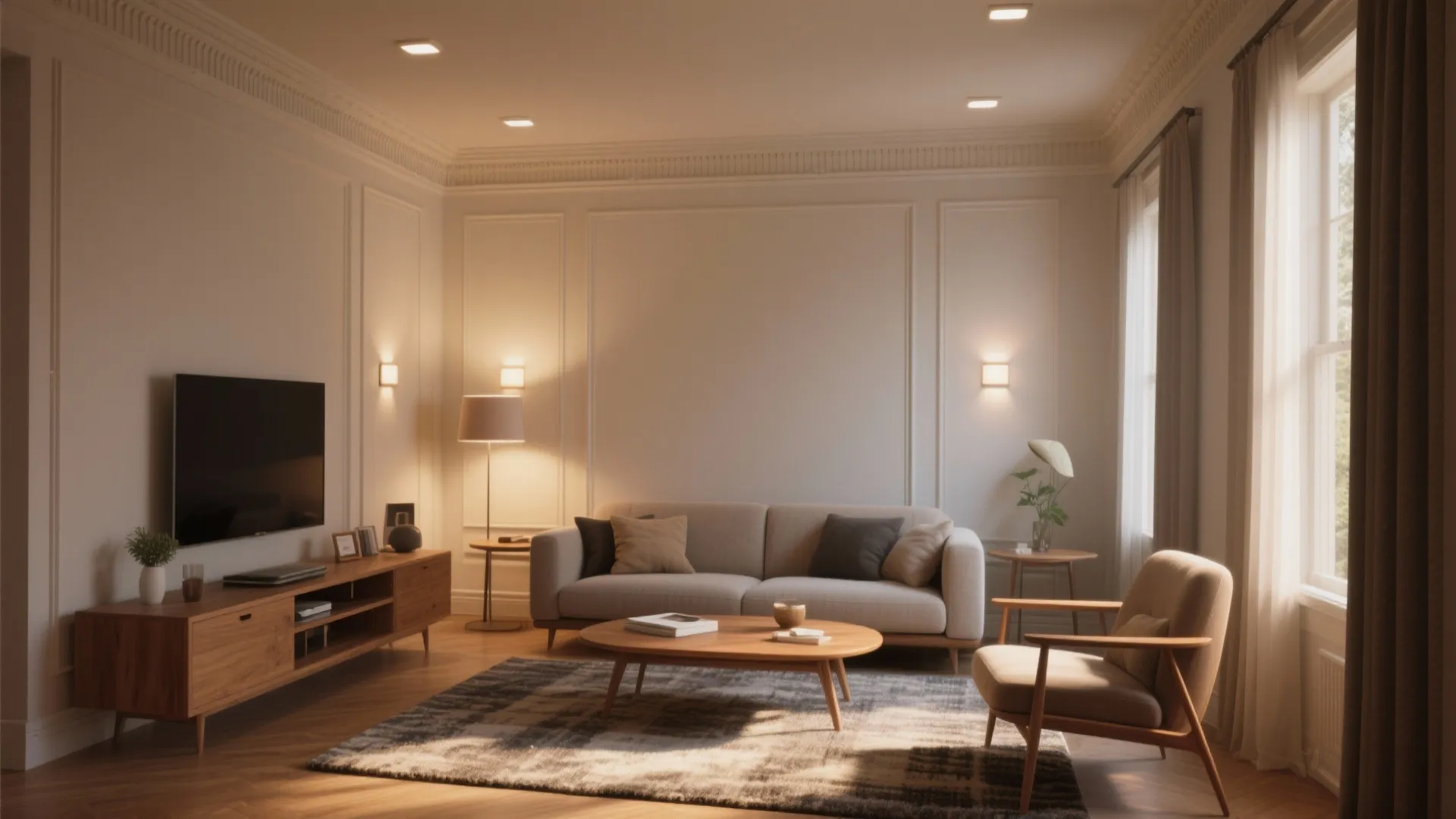 Warm living room with sofa wooden cabinet coffee table wall light and large window view