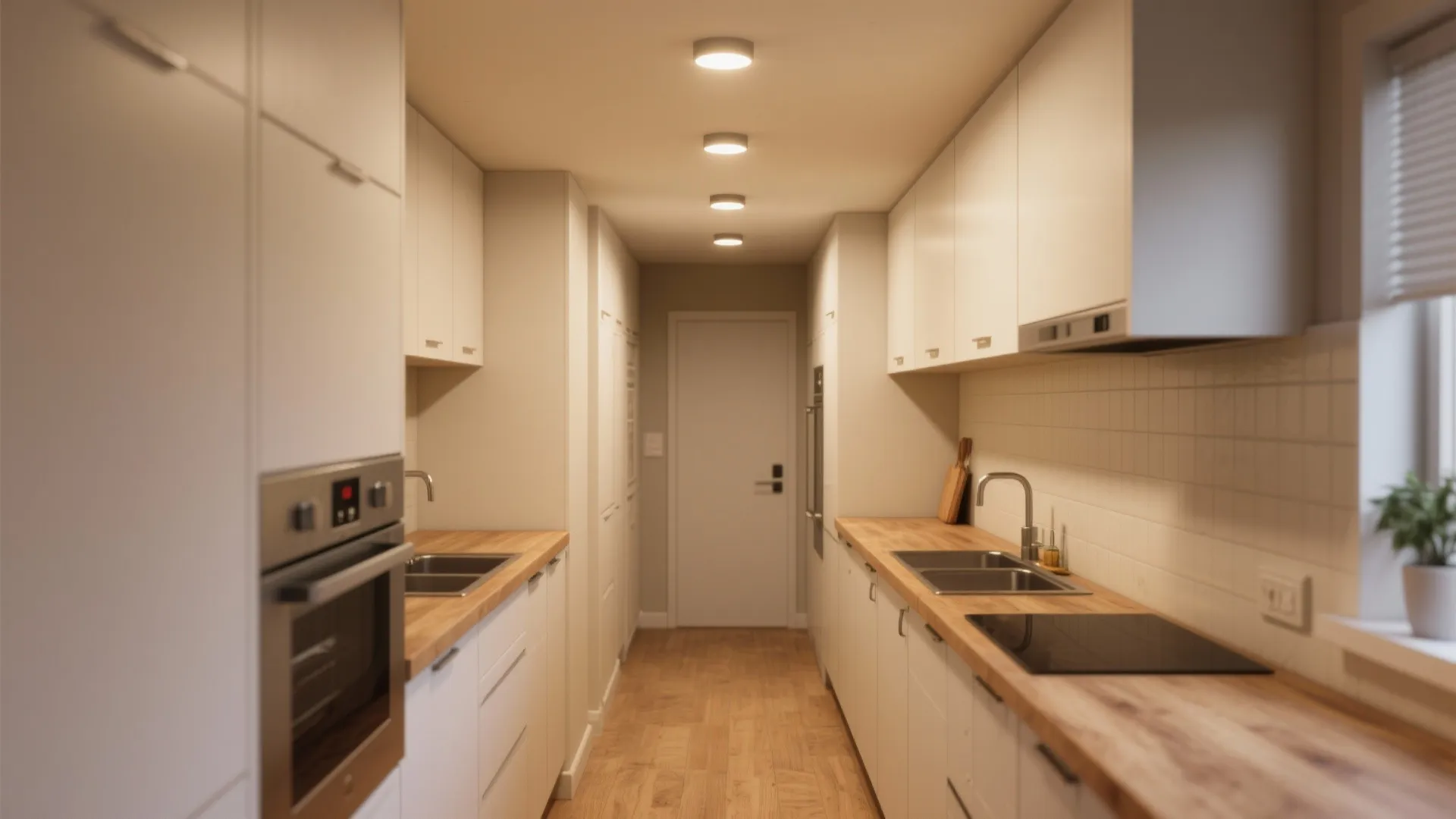 White galley kitchen with wooden countertops double sink oven and four small round ceiling lights