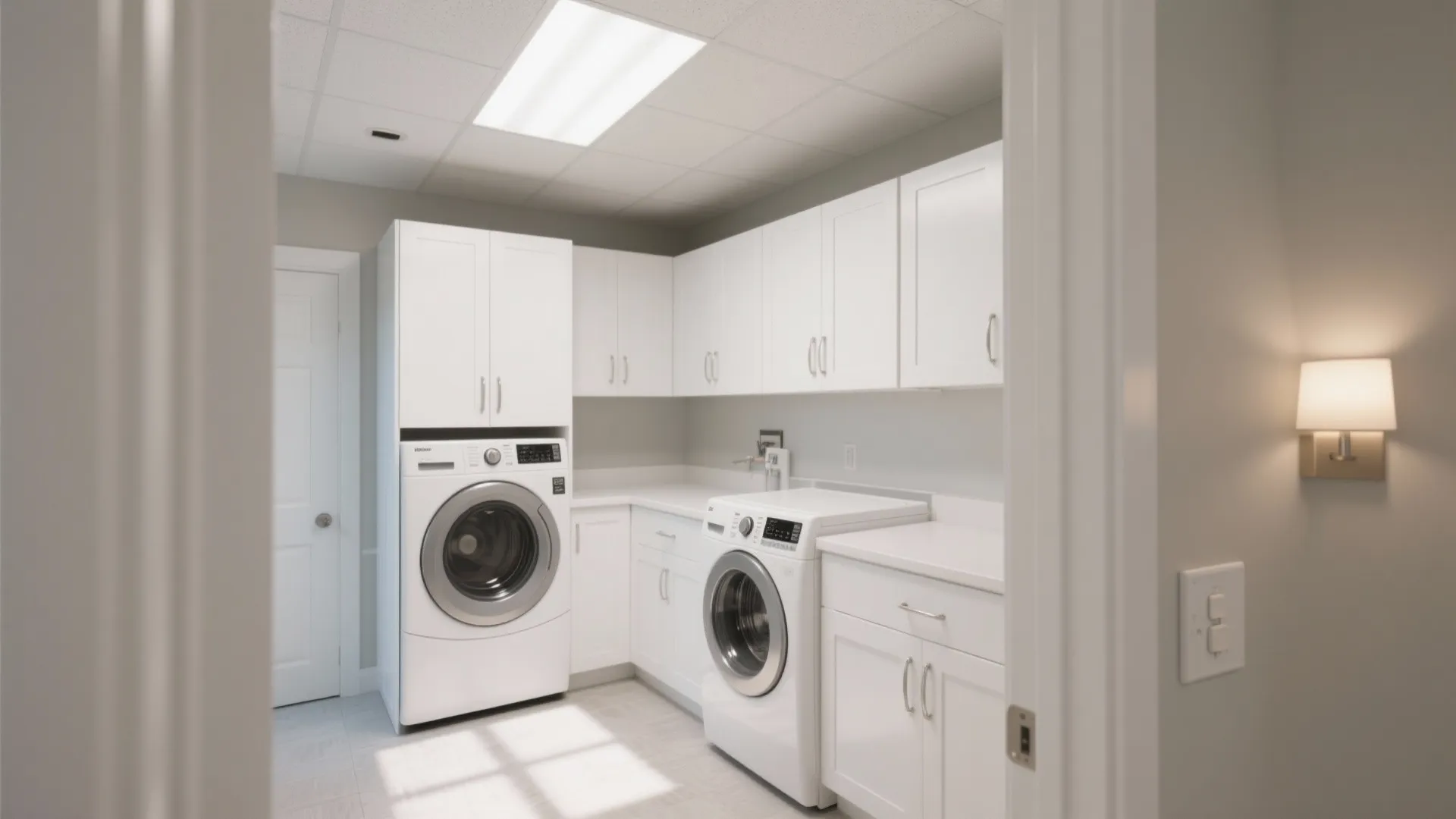 Modern laundry room with white cabinets washing machines flat ceiling light and a wall light