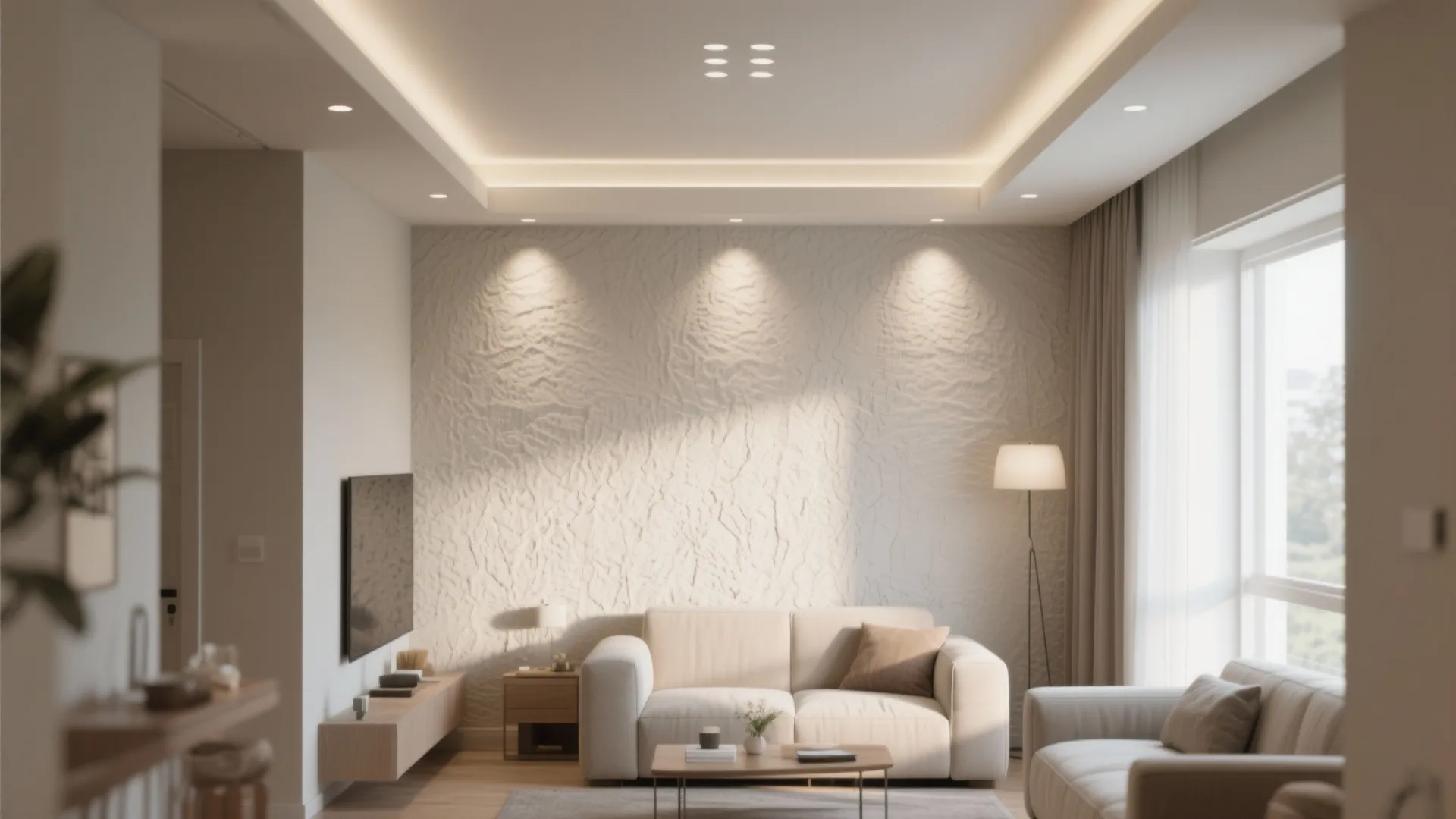 Modern living room with beige sofa white textured wall floor lamp and warm ceiling light