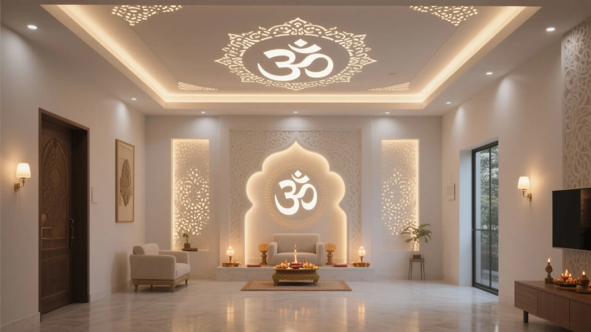 Modern white prayer room with Om symbols on the wall and ceiling featuring soft warm lighting