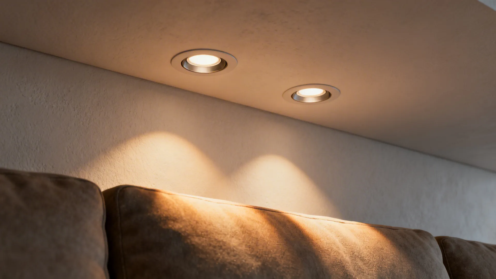 Recessed downlights in a low ceiling casting warm, layered illumination over a living area.