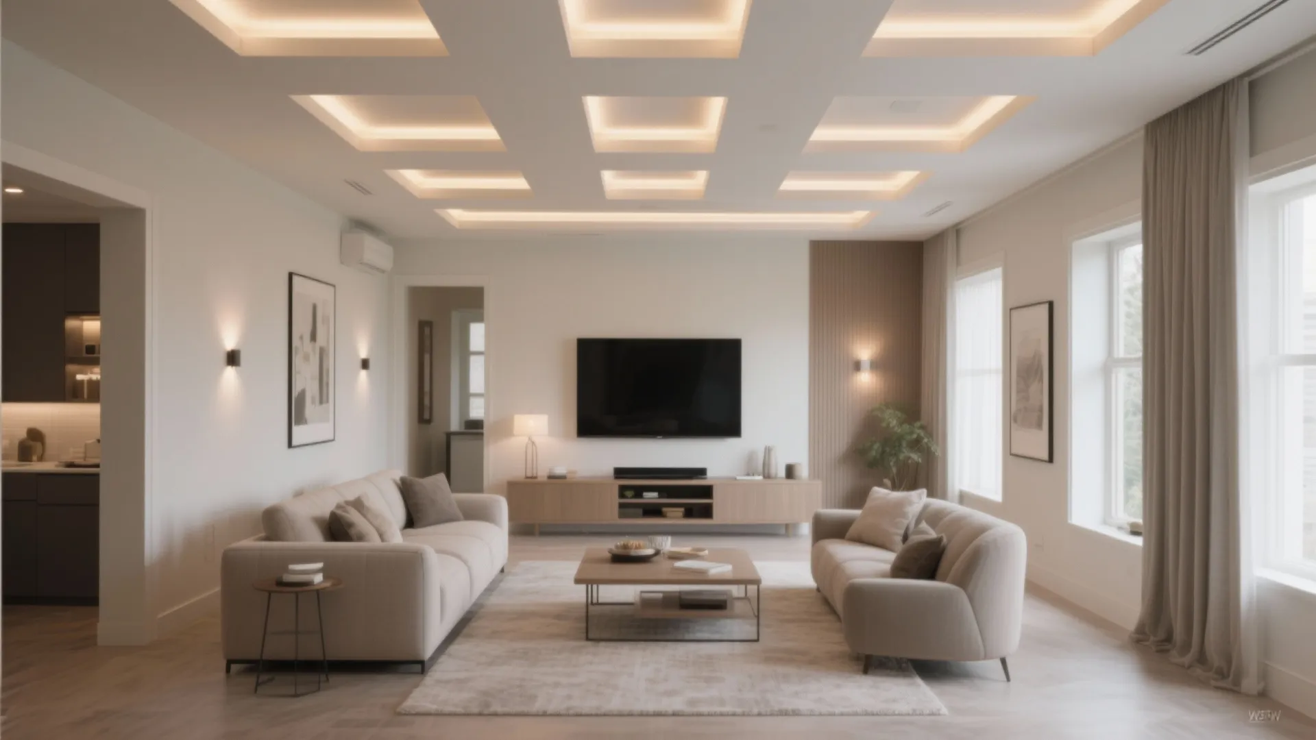 Low-ceiling family room with smartly placed recessed lights and adjustable trims for even ambient lighting.