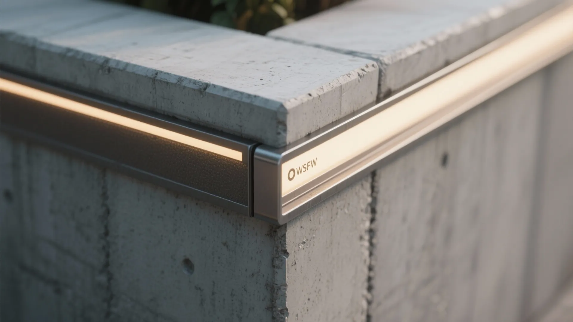 Recessed linear LED channel in a concrete cap with warm glow and visible waterproofing detail