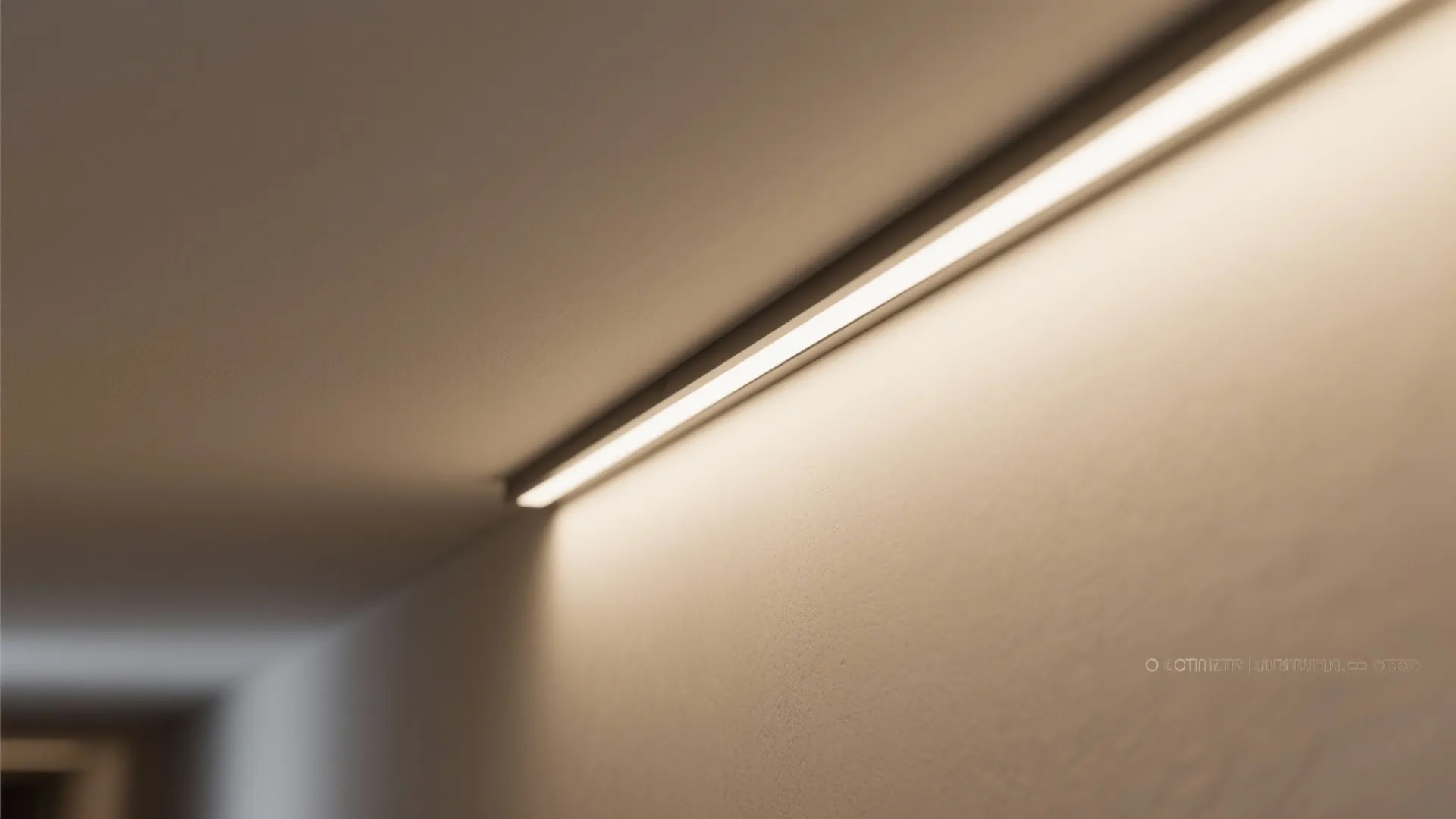 Close up of a linear light fixture installed on a white wall providing soft warm light