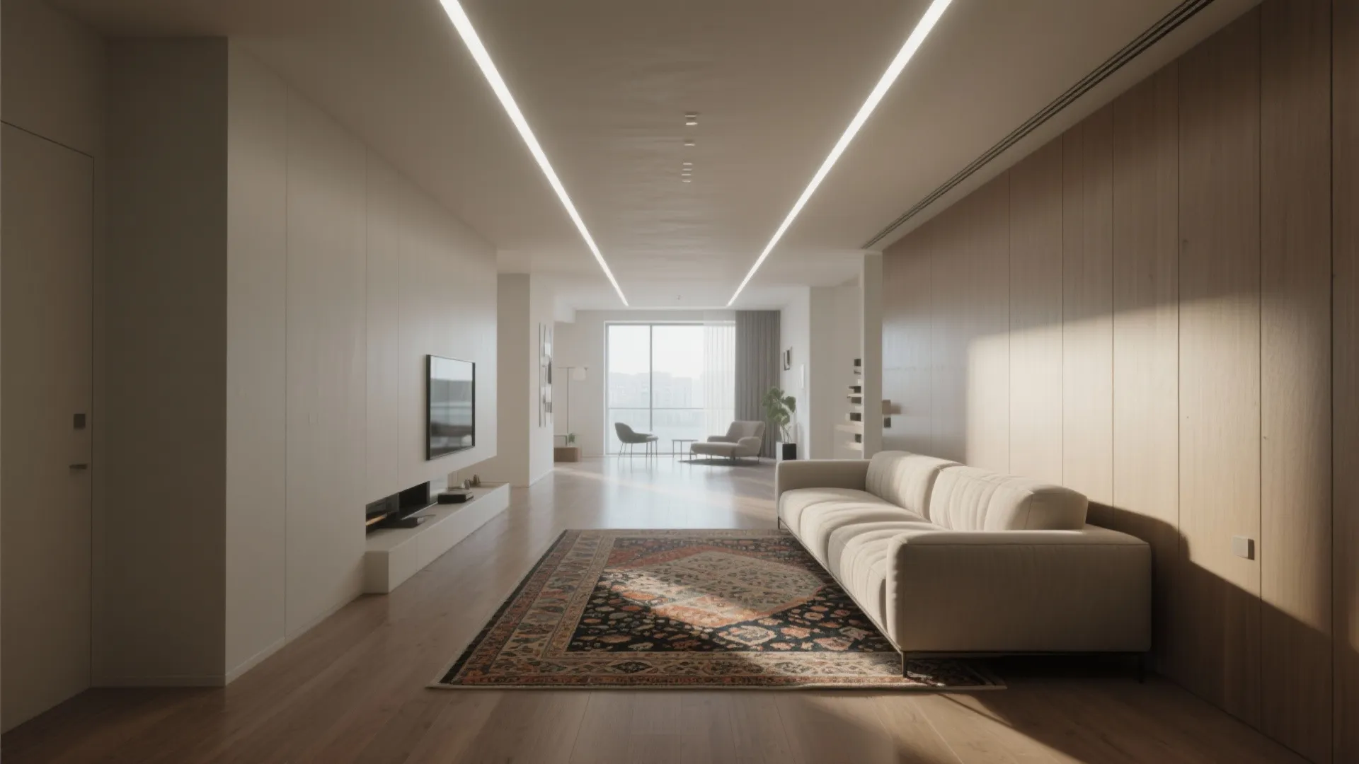 Modern living room featuring a long sofa patterned rug wooden wall panels and ceiling lights