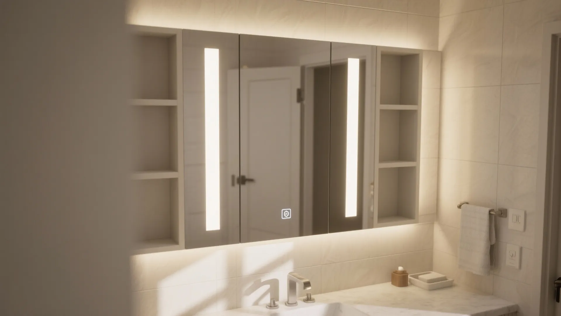 Recessed lit medicine cabinet with tri-panel mirror and even face lighting.