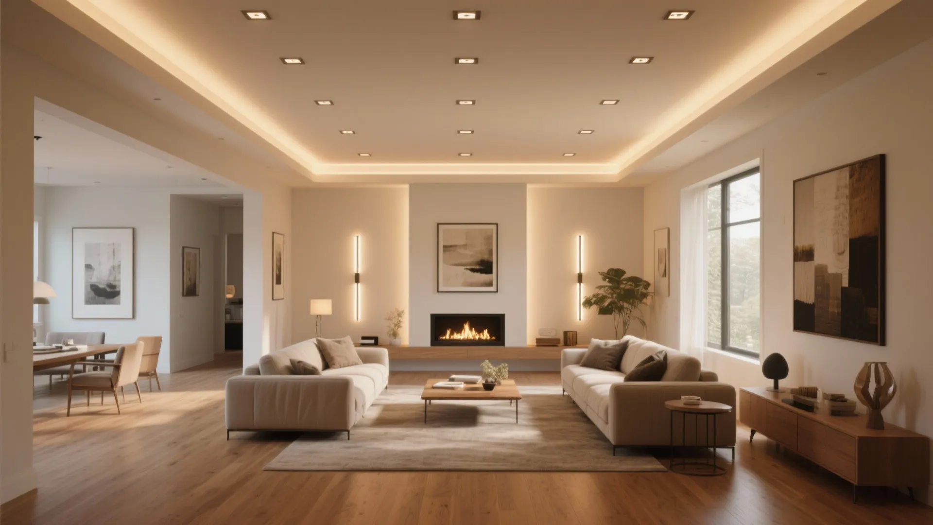 Bright living room with fireplace, white sofas, wood floor, wall light fixtures, and recessed ceiling lights