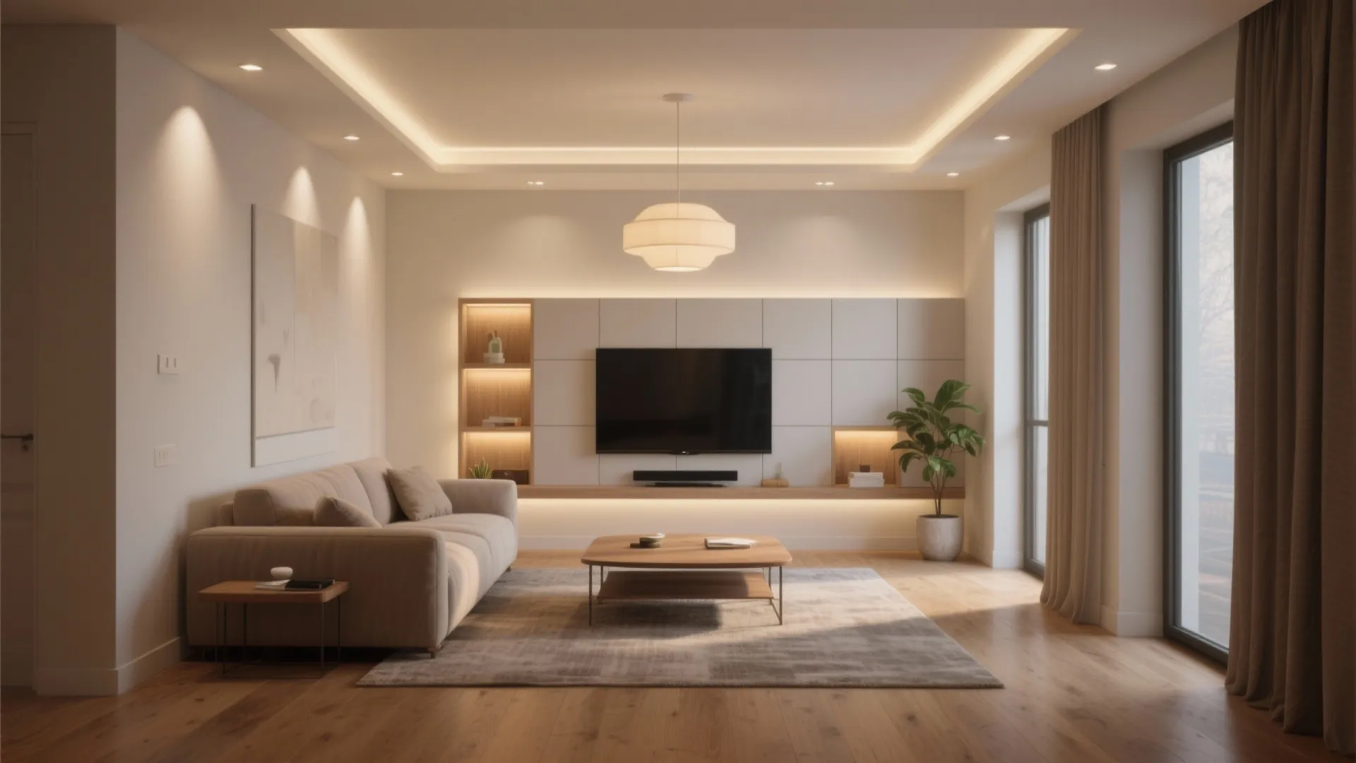Modern living room featuring warm ceiling light, beige sofa, wooden floor, and large glass windows