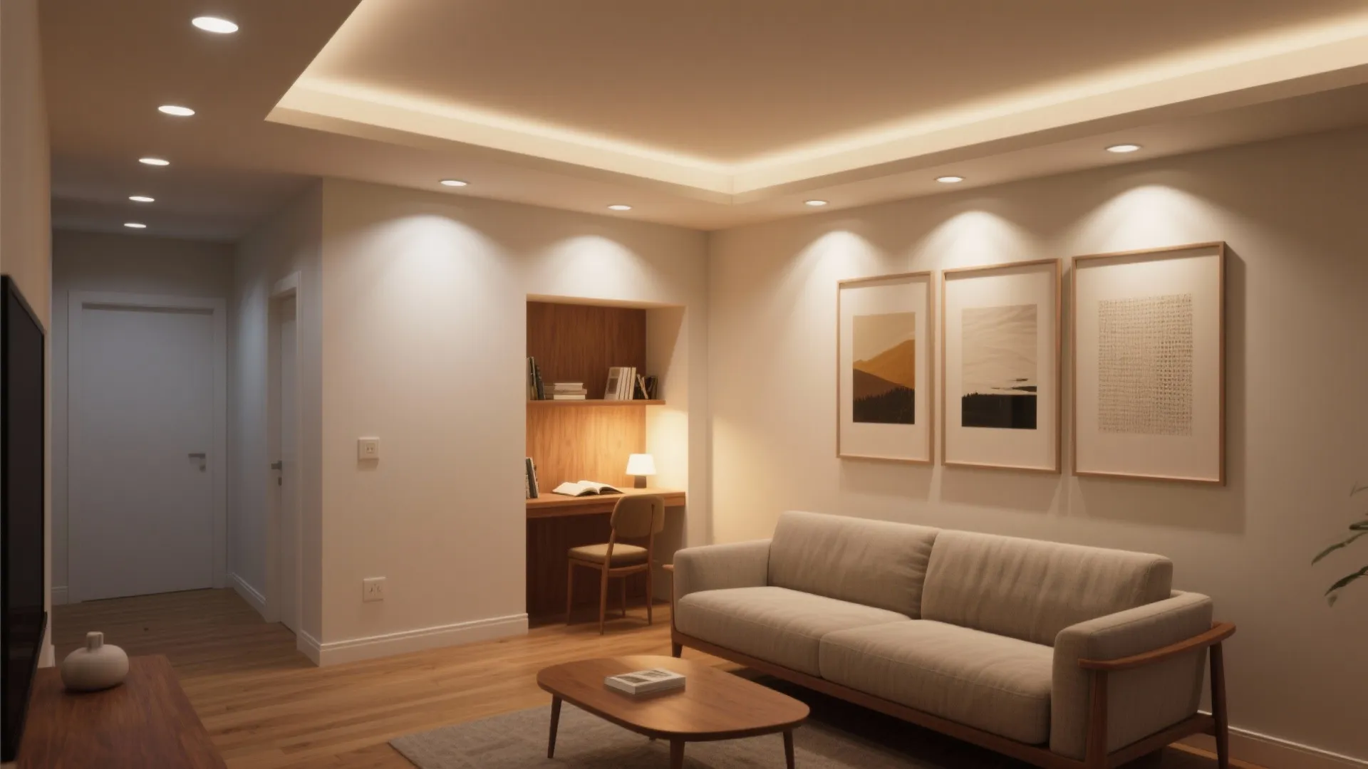 Modern living room with beige sofa wooden coffee table small home office area and warm lighting