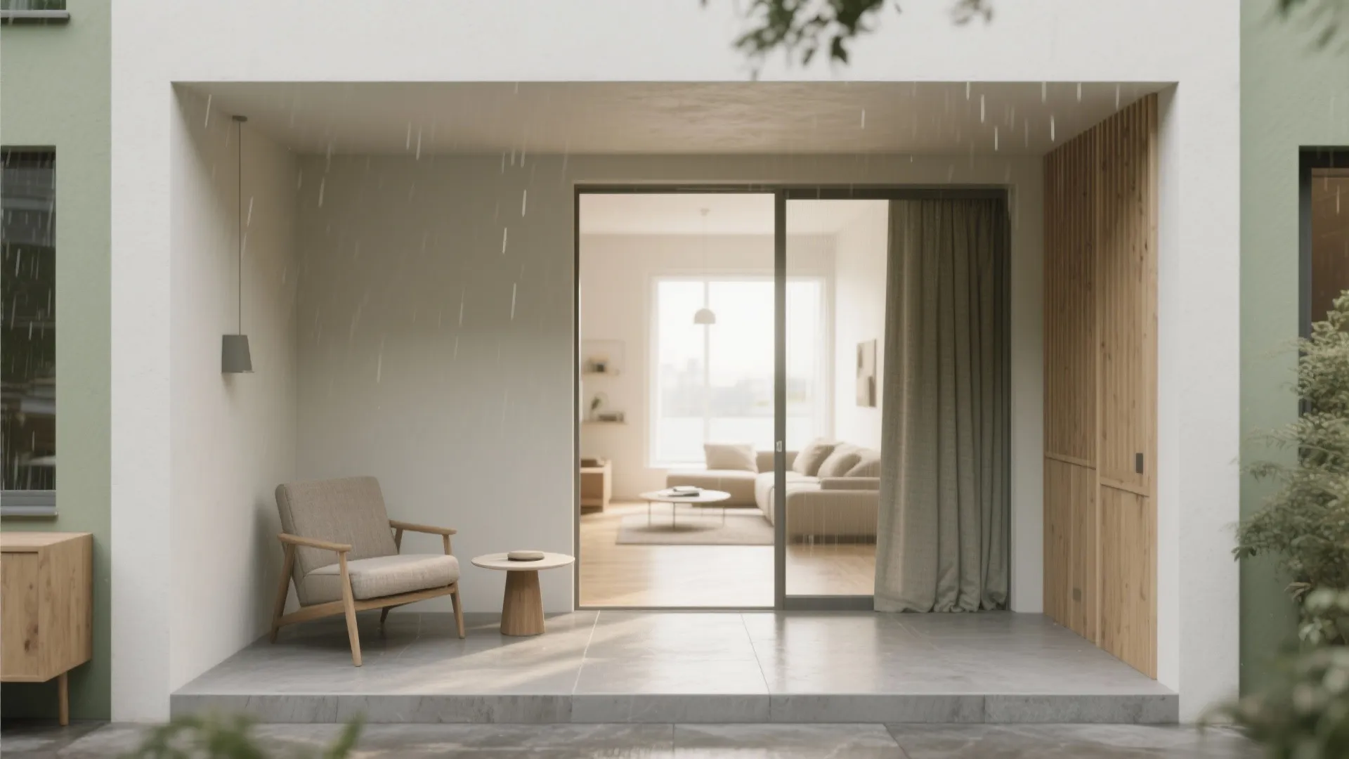 Recessed loggia with side fins and lounge chair, shaded yet bright, connected to a compact living room.