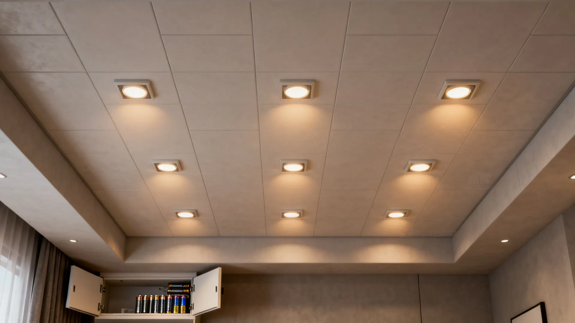 Living room ceiling with flush recessed-look battery downlights and a cupboard with spare batteries.