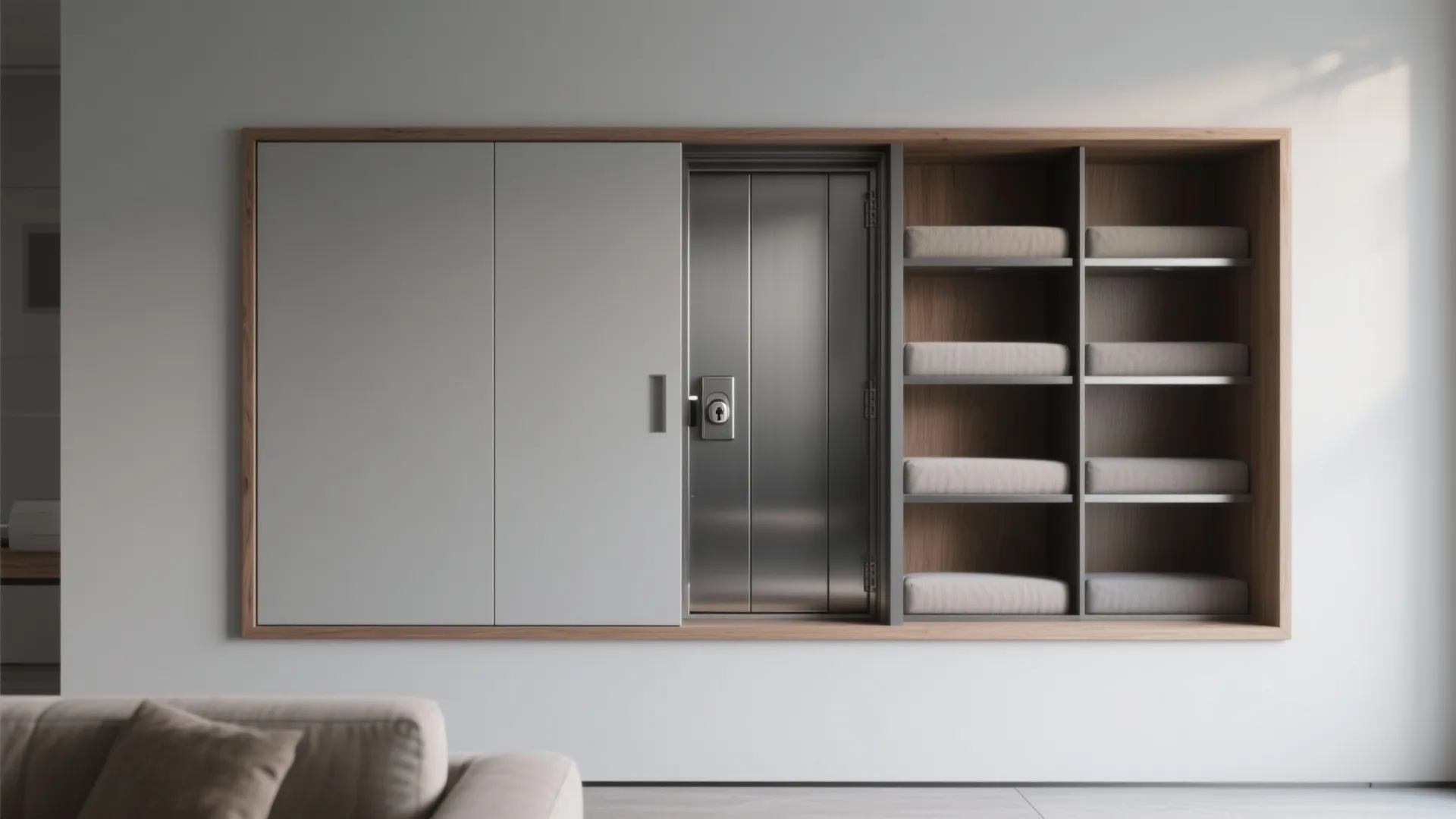 Modern grey wall cabinet with sliding doors revealing hidden metal safe and open wooden storage shelves