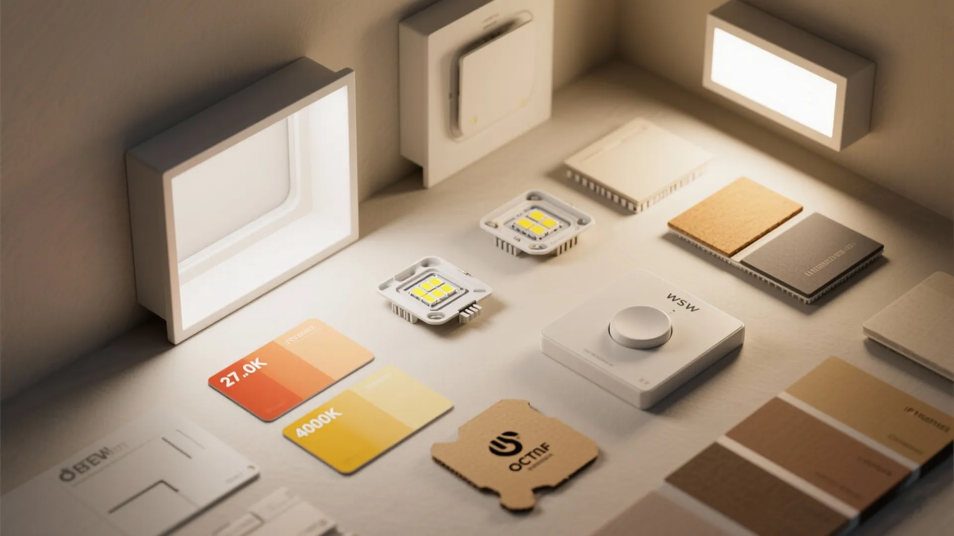 Flatlay of recessed lighting components and color temperature swatches for planning installations.