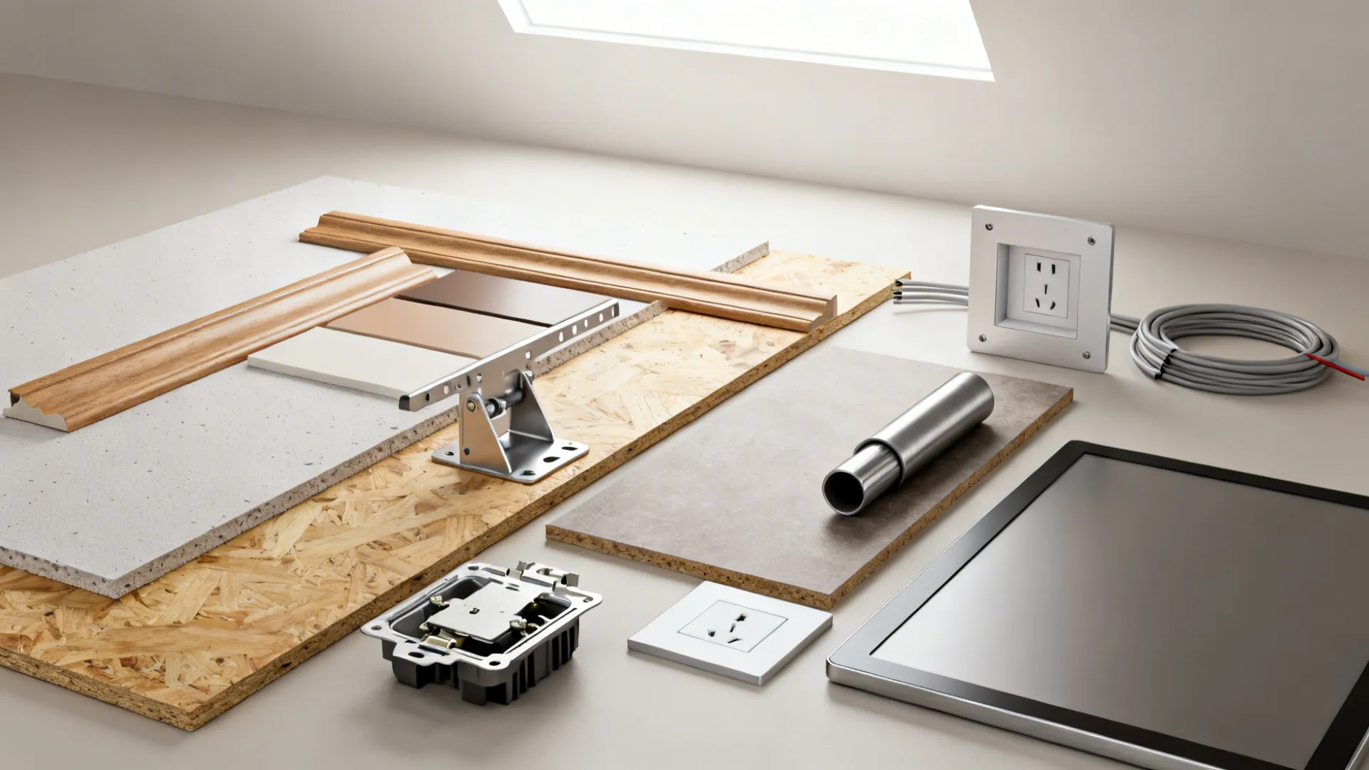 Flatlay of trim, drywall, backer, tilt mount hardware, cable sleeve, and in-wall power kit.