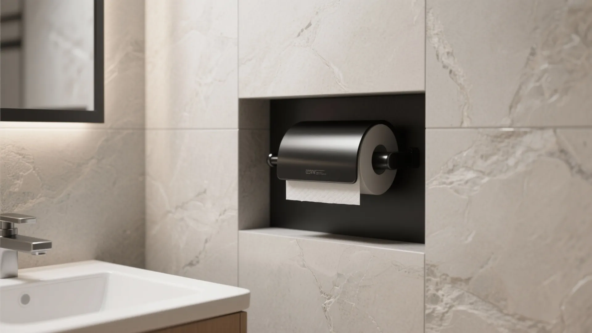 Matte black toilet paper holder recessed into a beige stone tiled wall beside a white sink