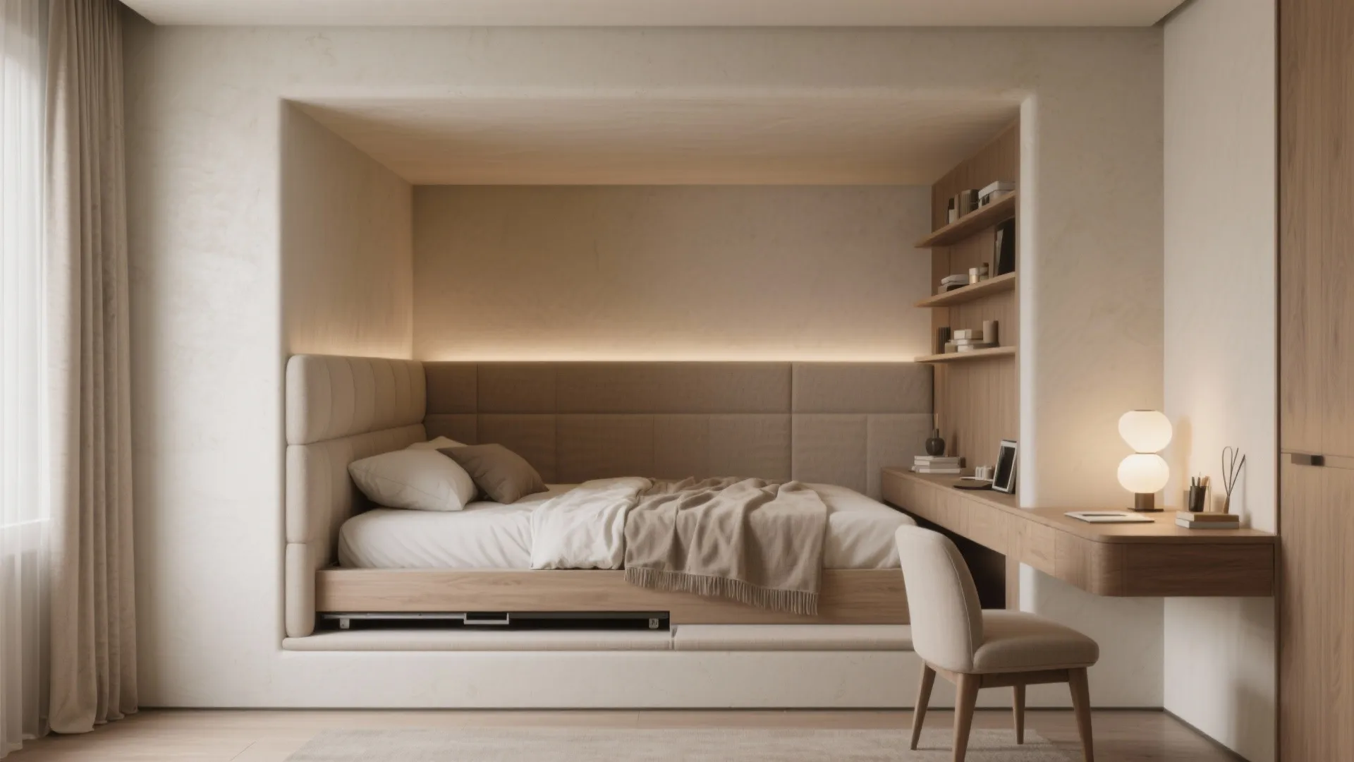 3. Recessed mattress nook with pull-out surfaces
