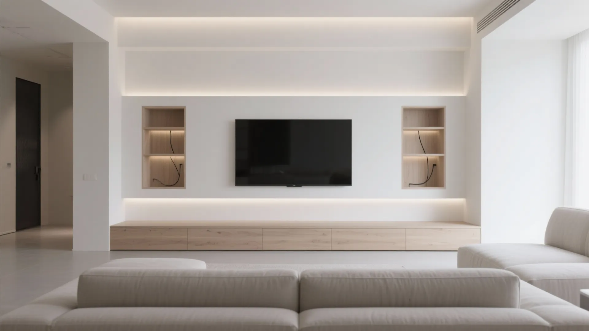 Modern living room wall with television wooden cabinet shelving units and soft warm hidden lighting