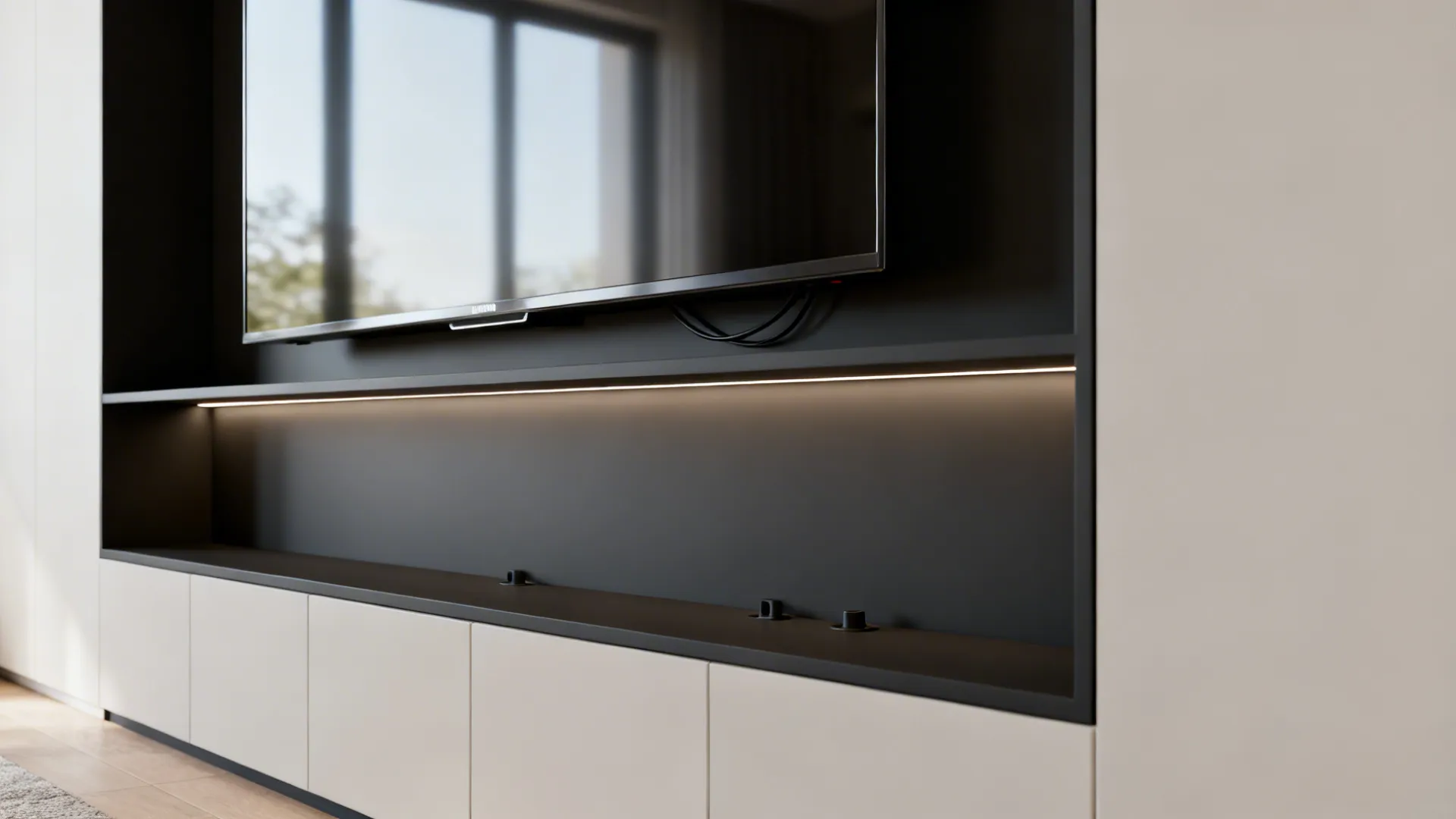 Close-up of a recessed media niche with a floating TV and hidden cable details.
