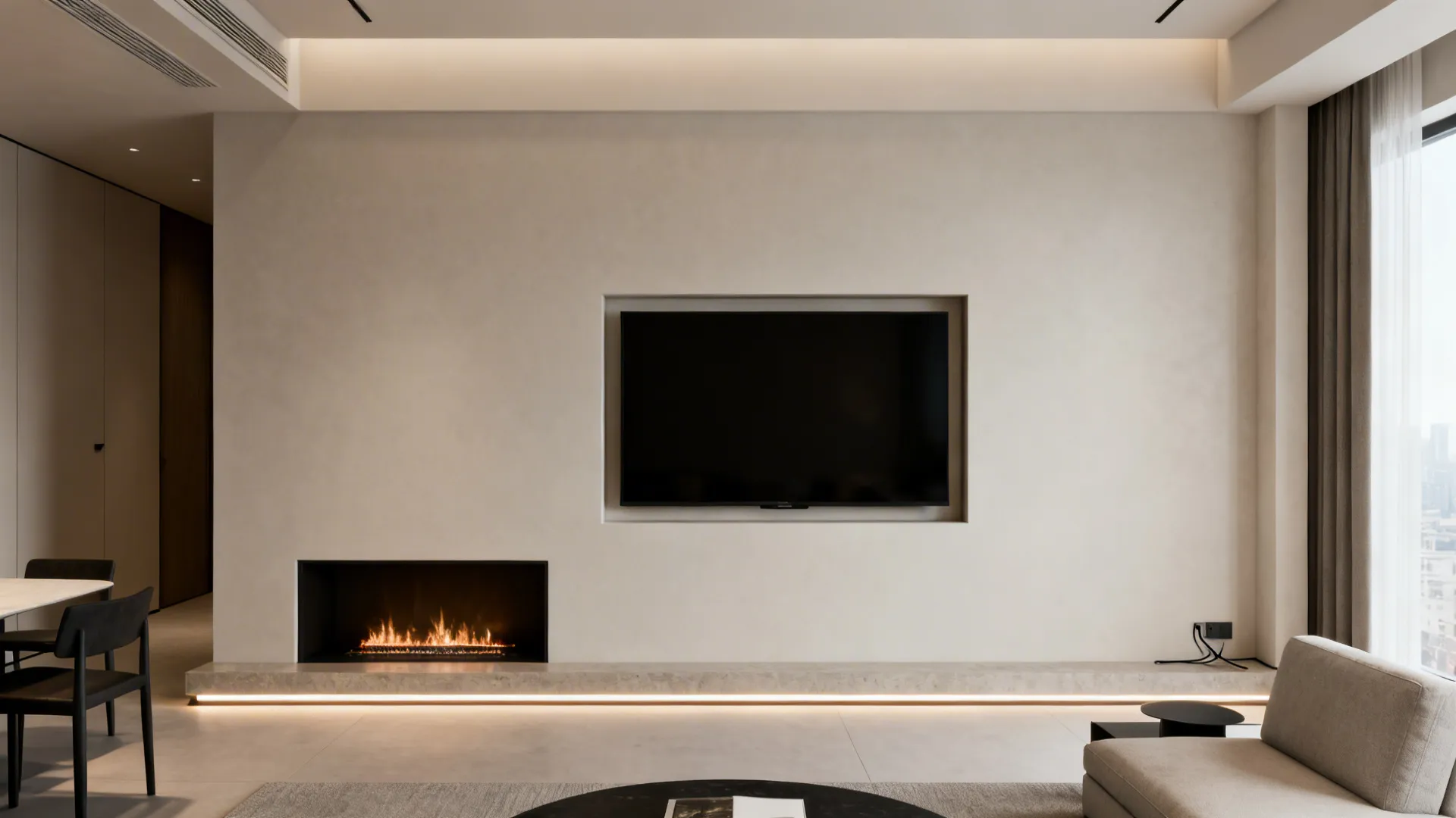 Minimalist recessed media wall with flush fireplace and TV, LED toe-kicks, and hidden wiring.