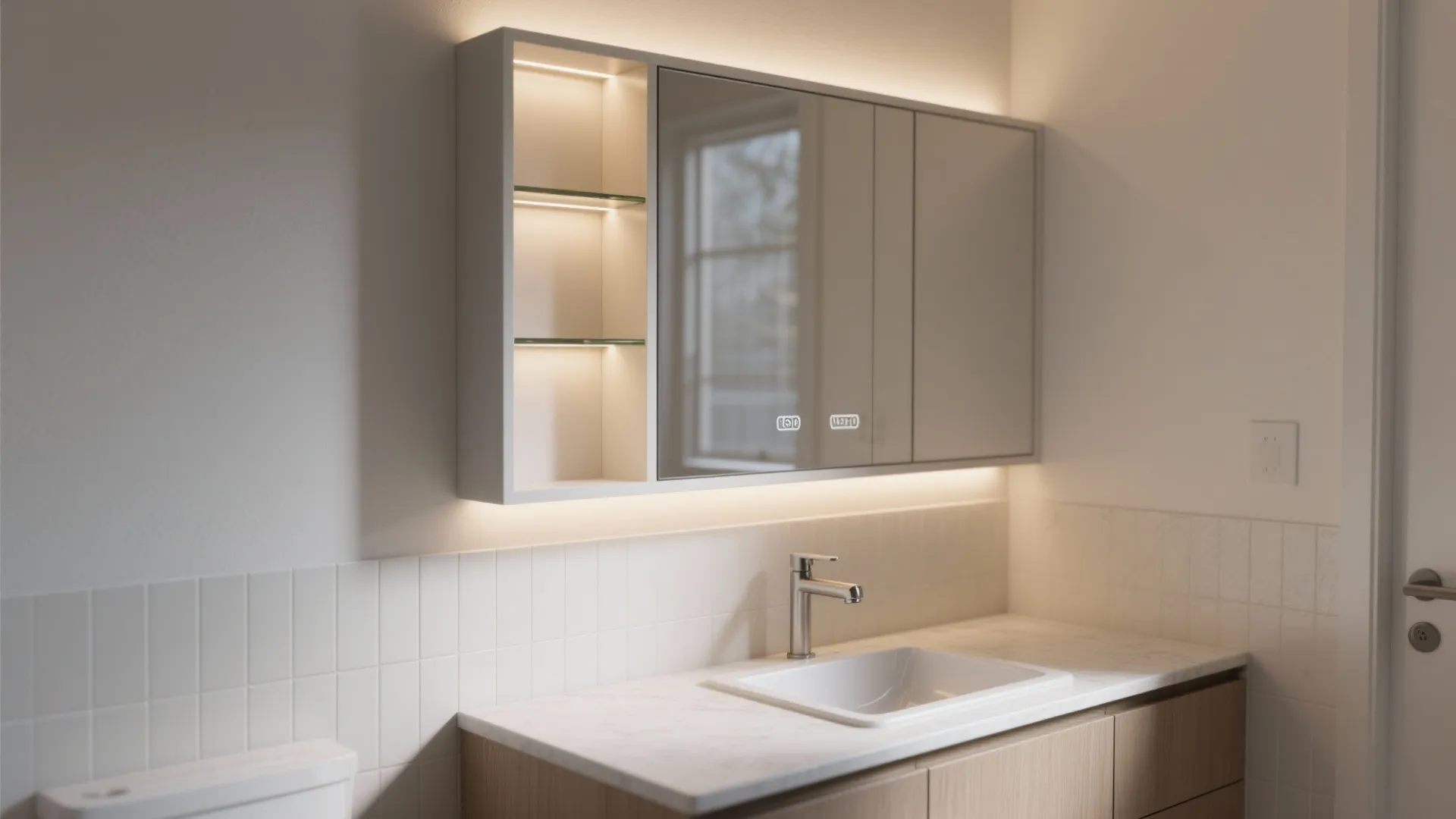 Recessed medicine cabinet over a slim counter