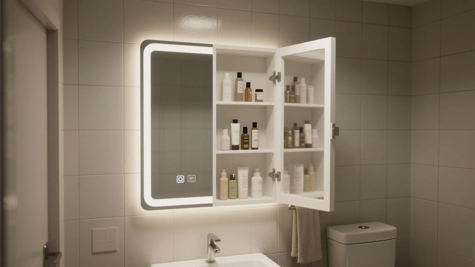 Lighted mirror cabinet with open door showing shelves filled with many different bottles and jars