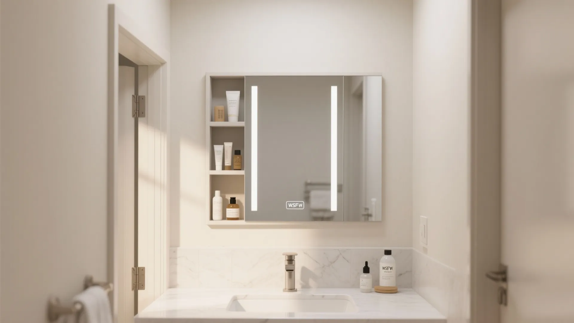 Recessed medicine cabinet mirror with organized shelves above a compact vanity.
