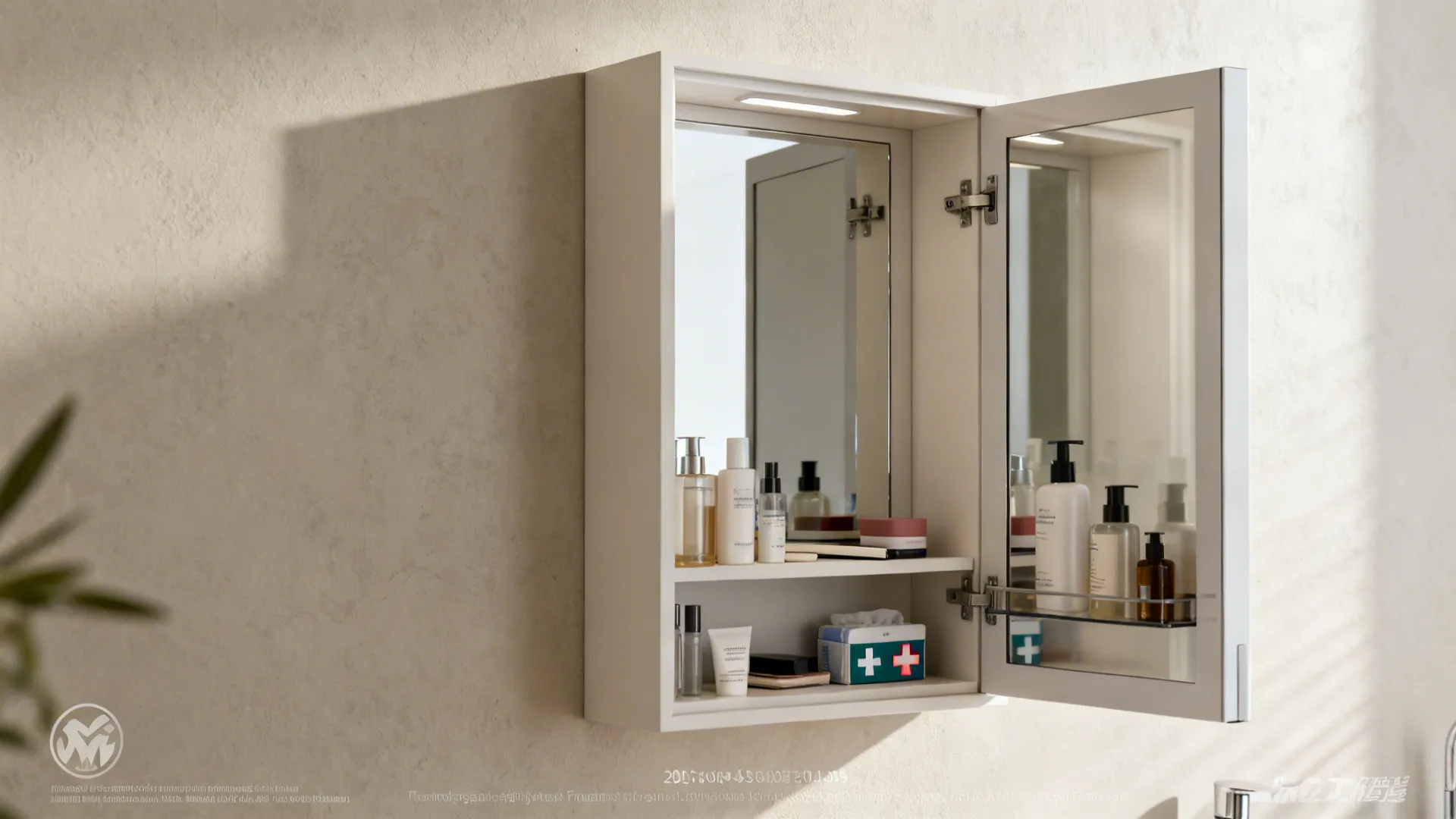 Open recessed mirrored medicine cabinet showing organized toiletries in a small bathroom
