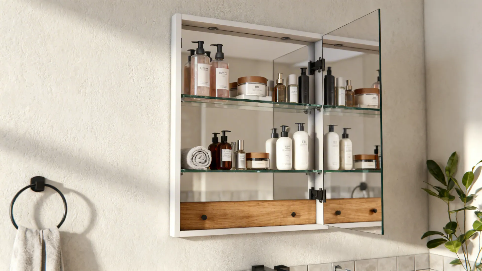 Open white wall cabinet with glass shelves holding skin care bottles and jars in bathroom
