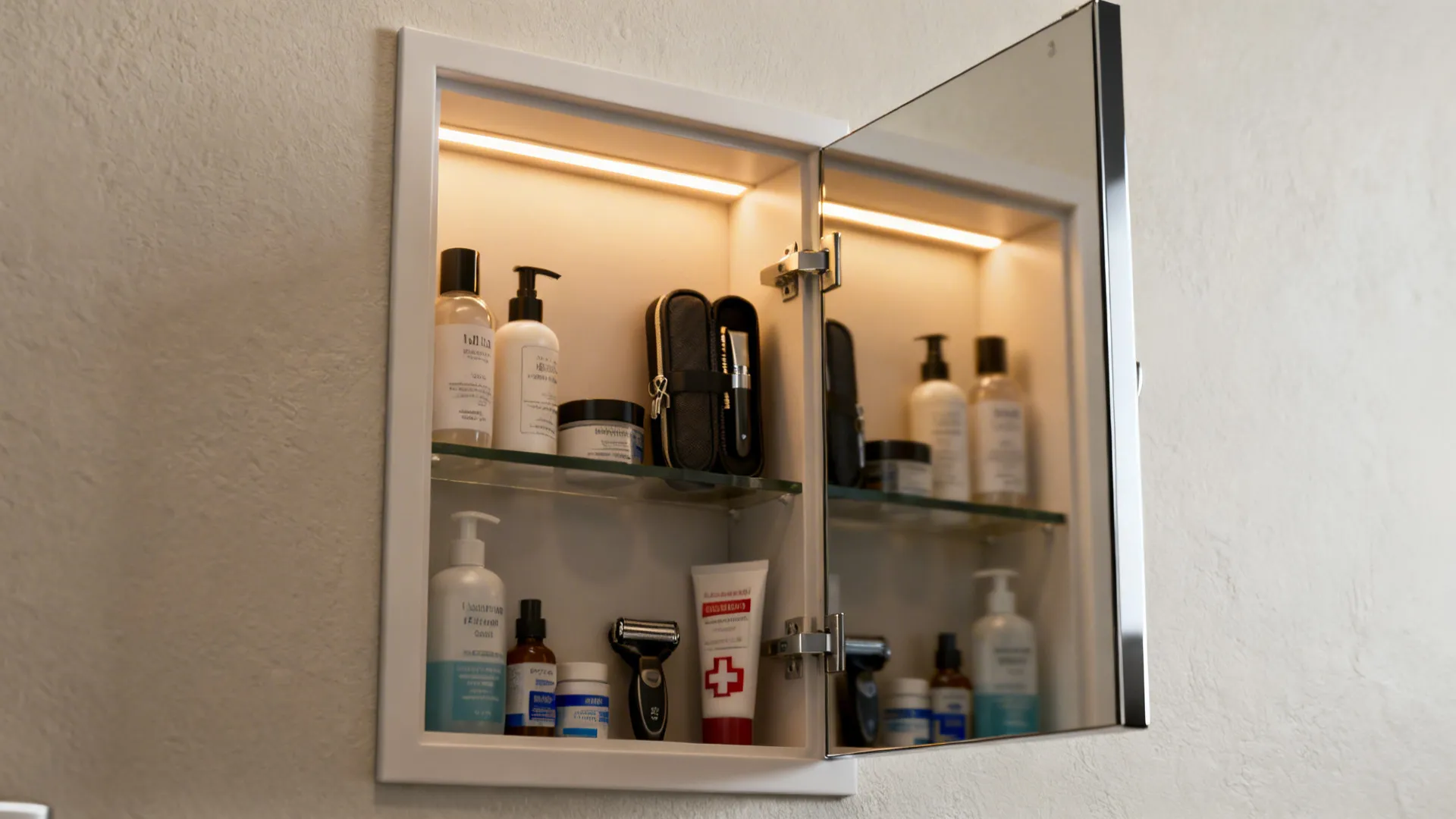 Shallow recessed medicine cabinet with LED lighting and neatly organized toiletries.