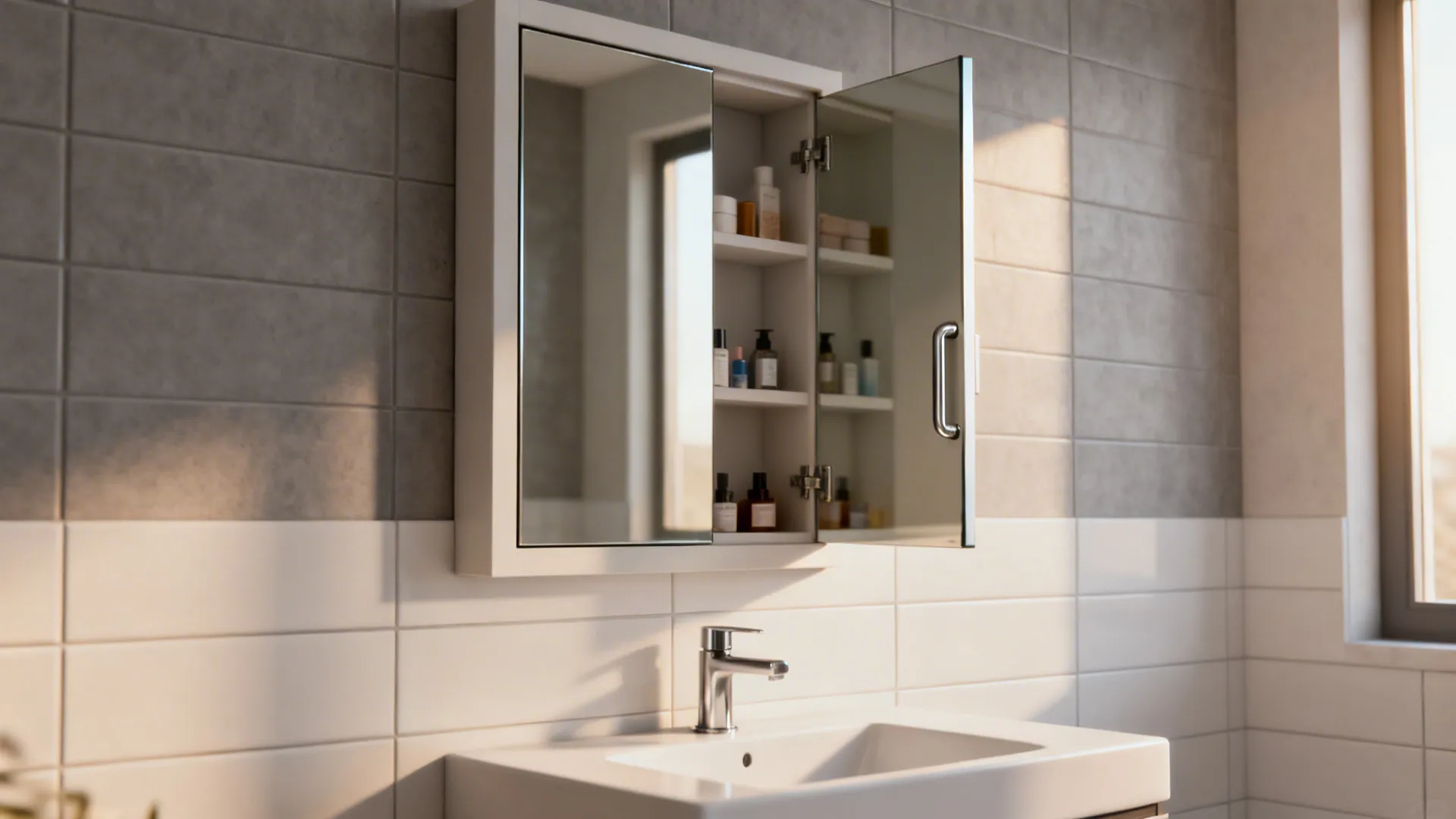 Recessed mirrored medicine cabinet opened slightly to show organized storage.