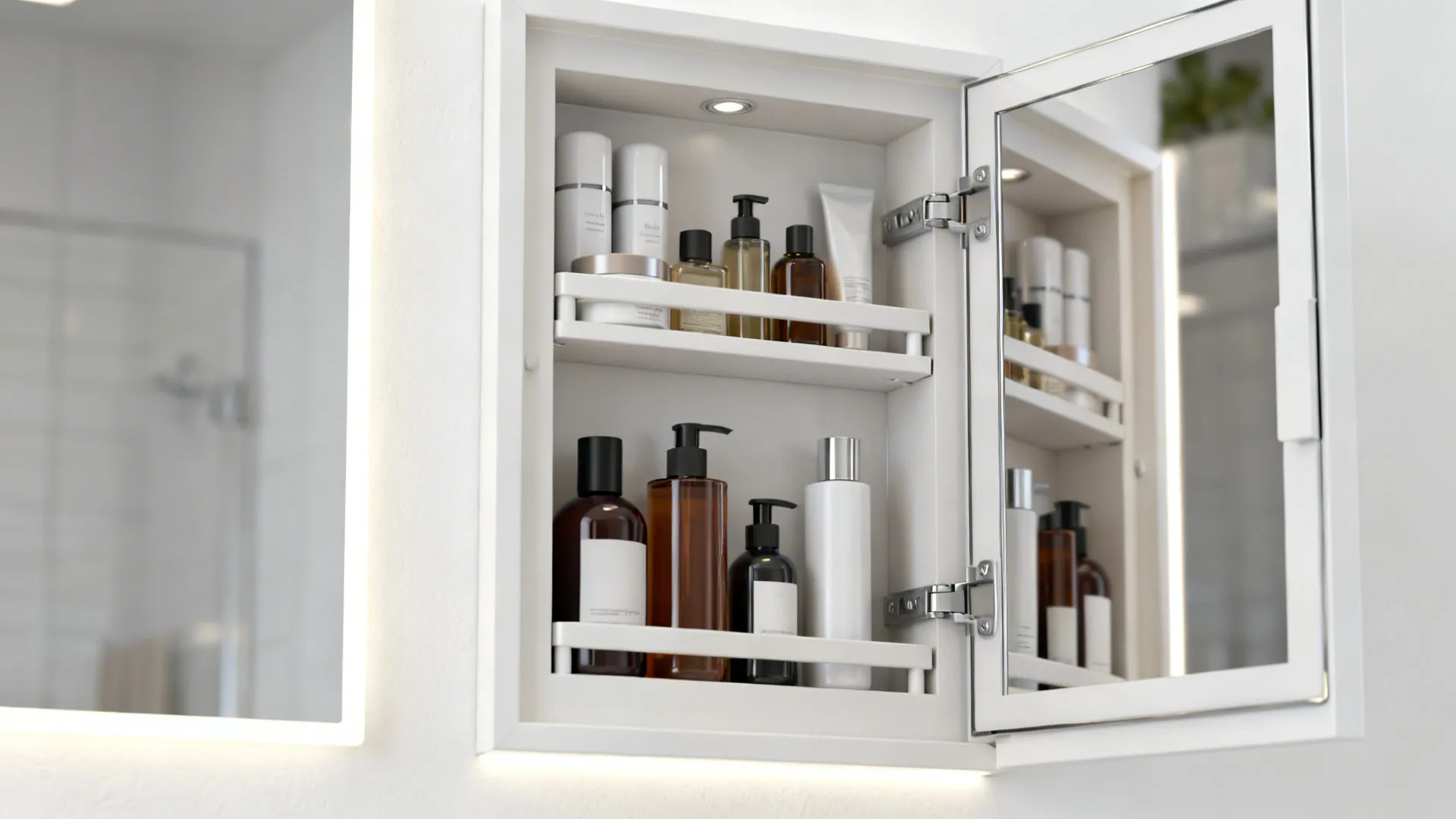 Open recessed medicine cabinet with adjustable shelves holding toiletries