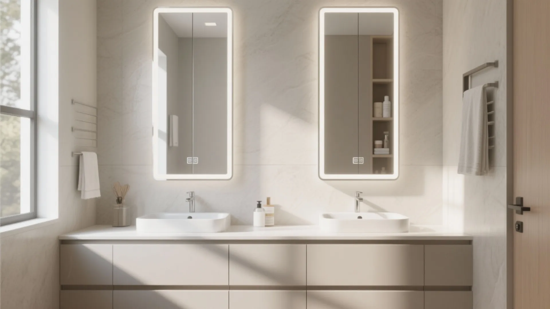 Two bright lighted mirrors over white sinks and a large cabinet in a sunny bathroom