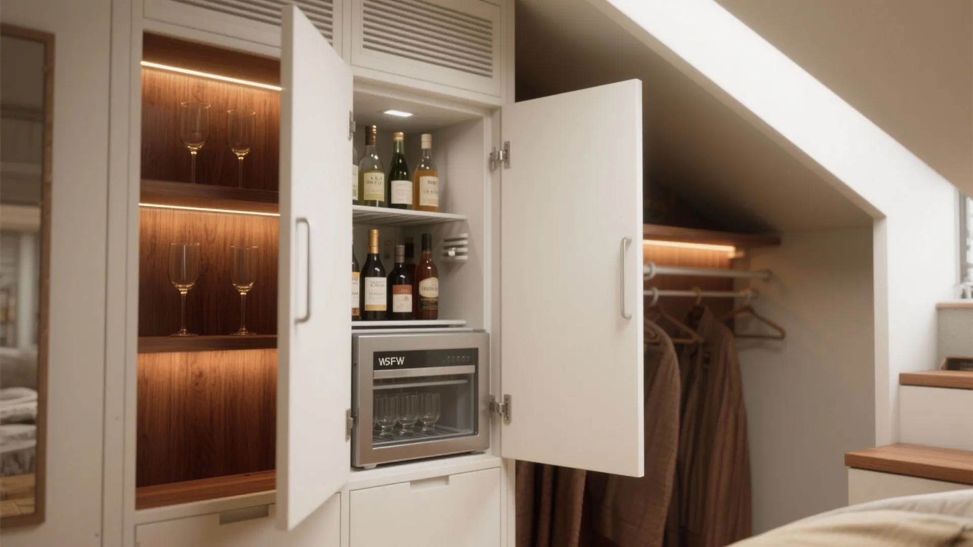 White built in storage cabinet with wine glasses wine bottles and small fridge for drinks