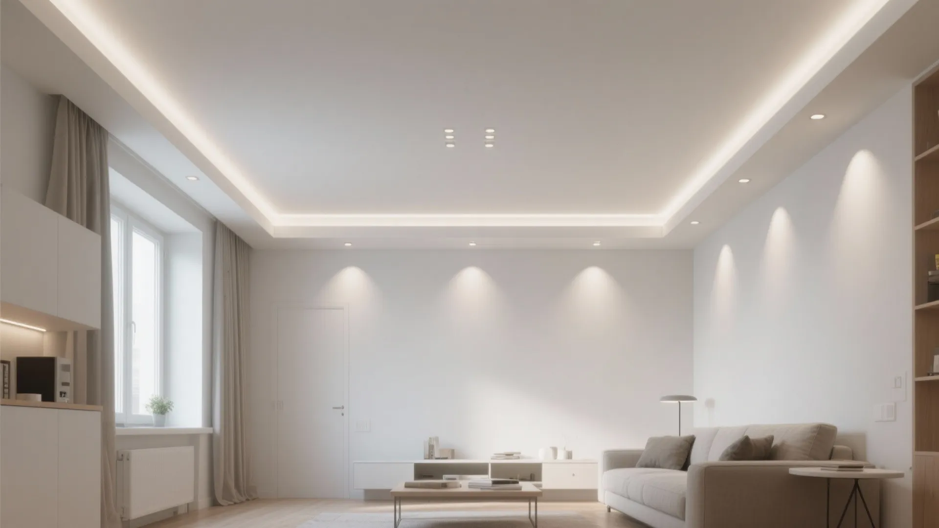 Minimalist white living room with hidden ceiling lights wall spotlights comfortable sofa and large windows