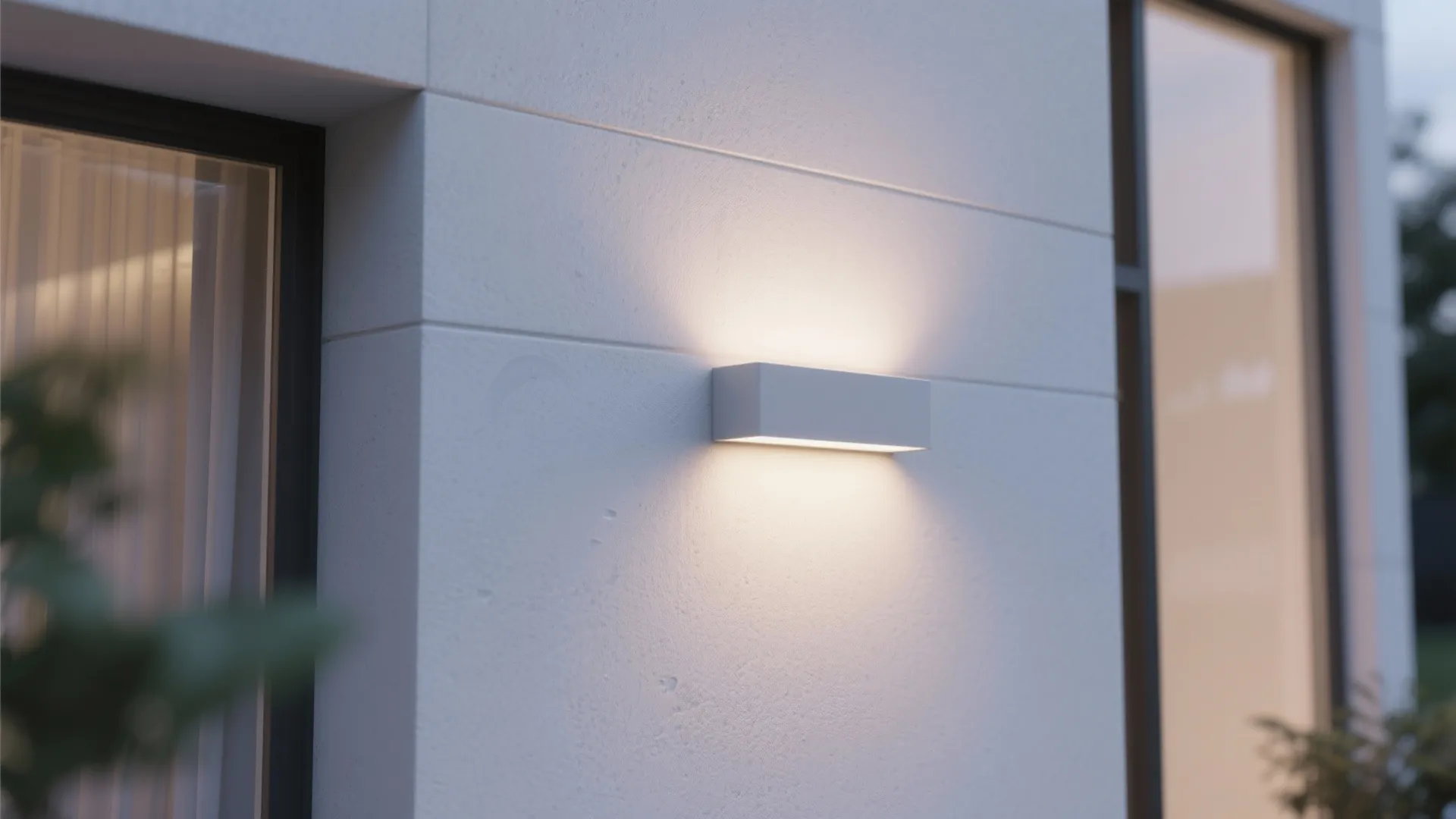 Modern white wall light fixture shining upward and downward on a clean exterior house wall panel